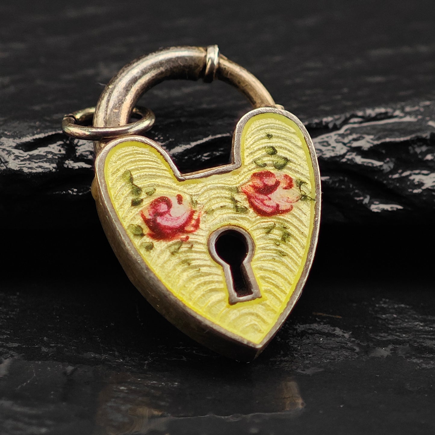 Antique Enamel Padlock Heart Pendant Sterling Silver