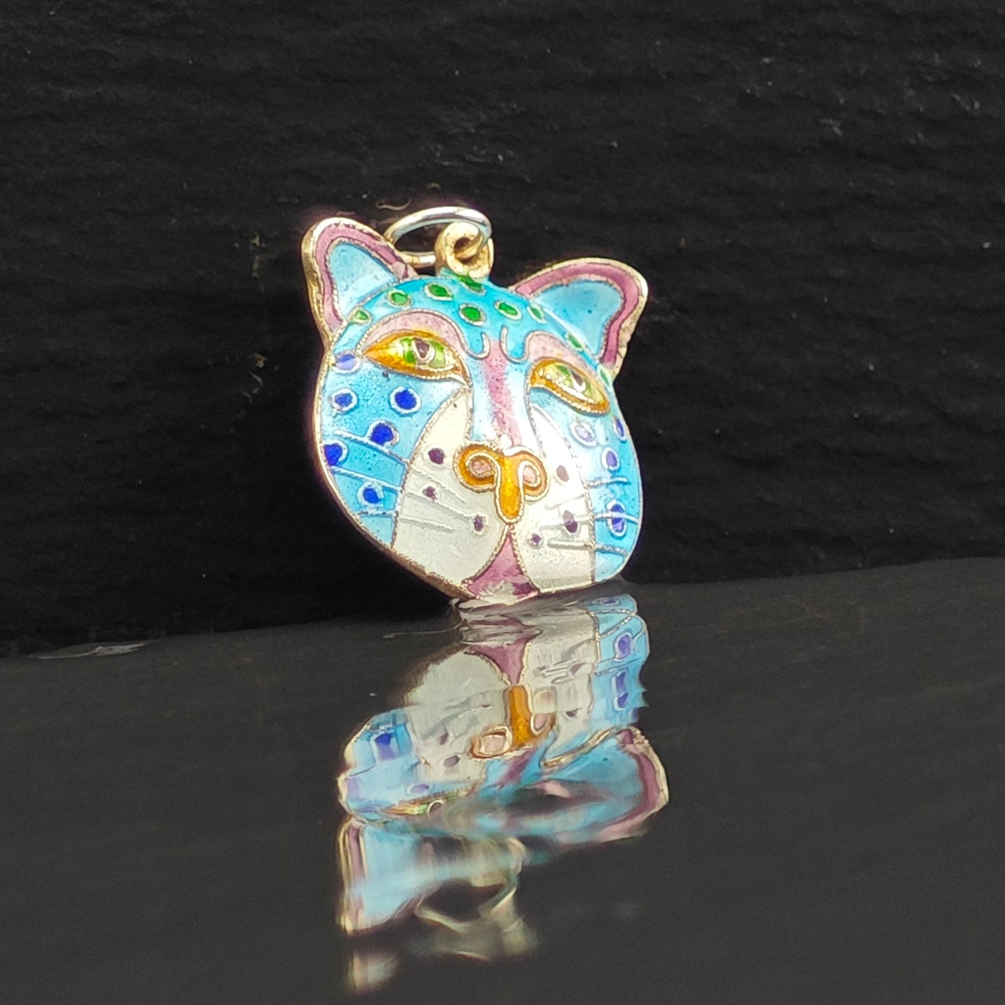 Laurel Burch Cloisonne Enamel Leopard Cat Pendant Gold Vermeil Wash Sterling Silver