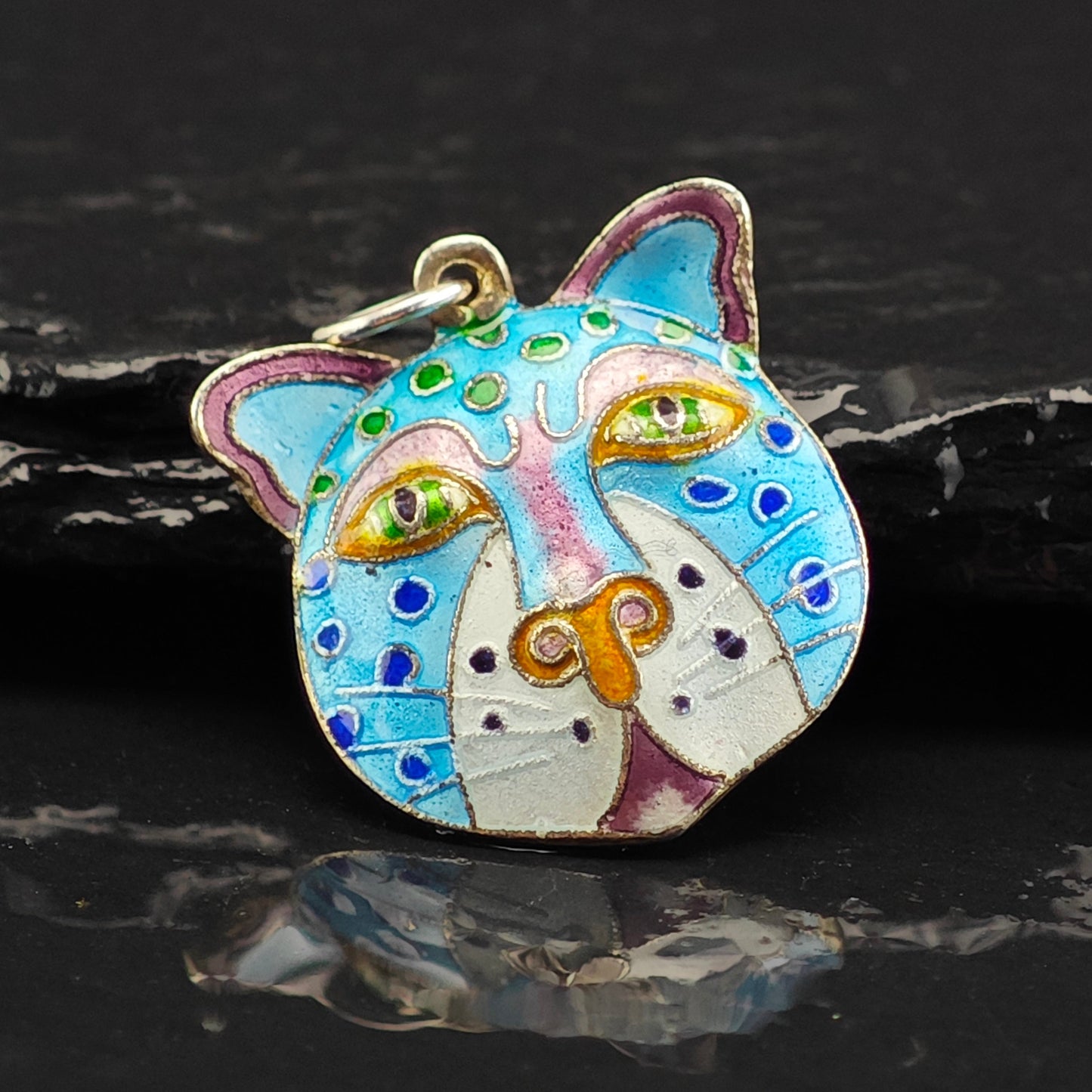 Laurel Burch Cloisonne Enamel Leopard Cat Pendant Gold Vermeil Wash Sterling Silver