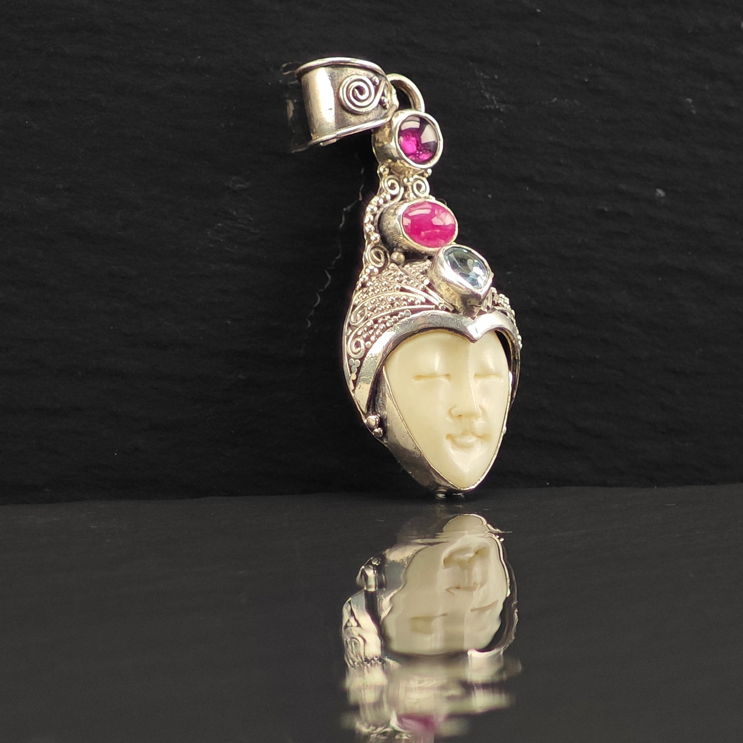 Bali Goddess Ruby Gemstone Pendant Sterling Silver