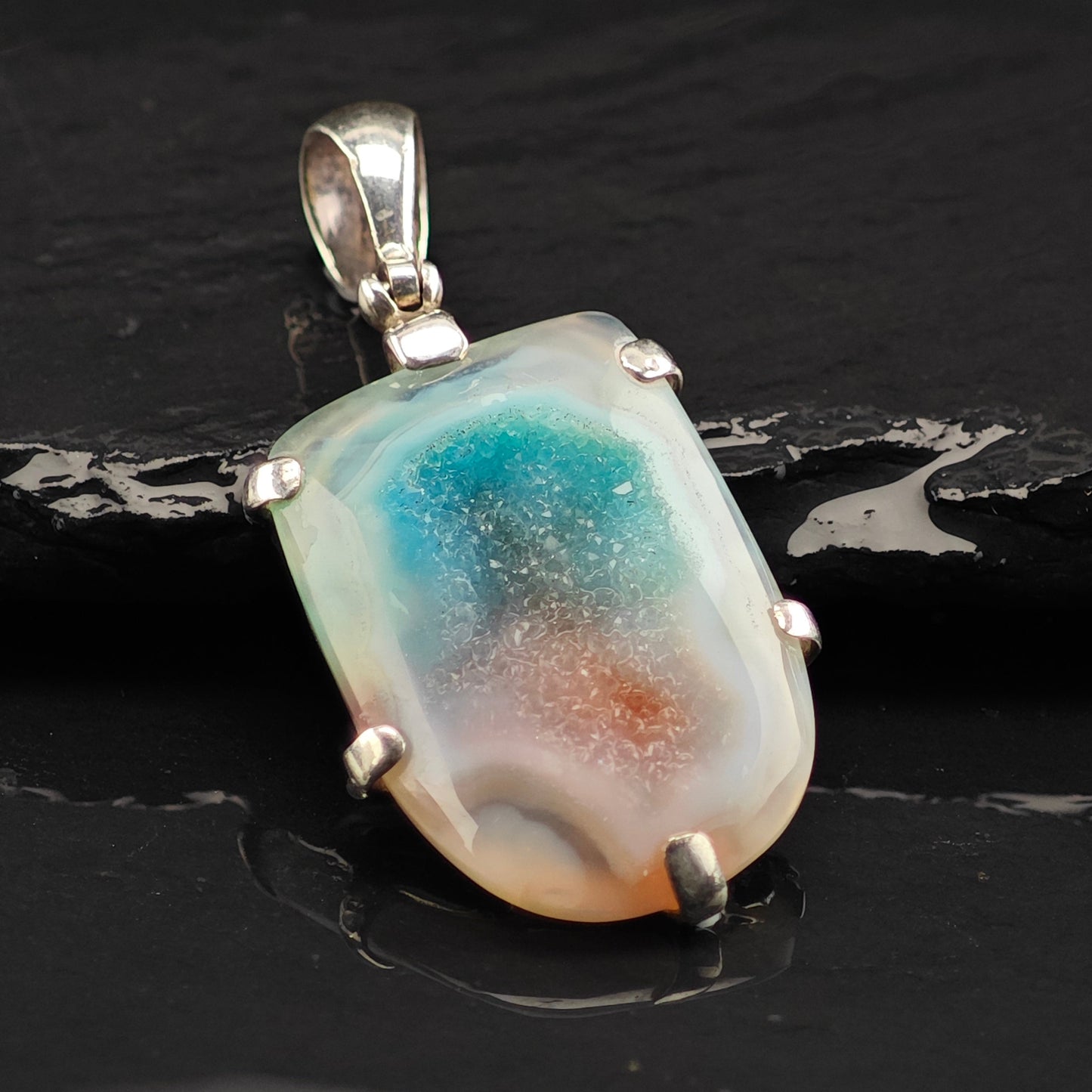 Blue And White Agate Druzy Sterling Silver