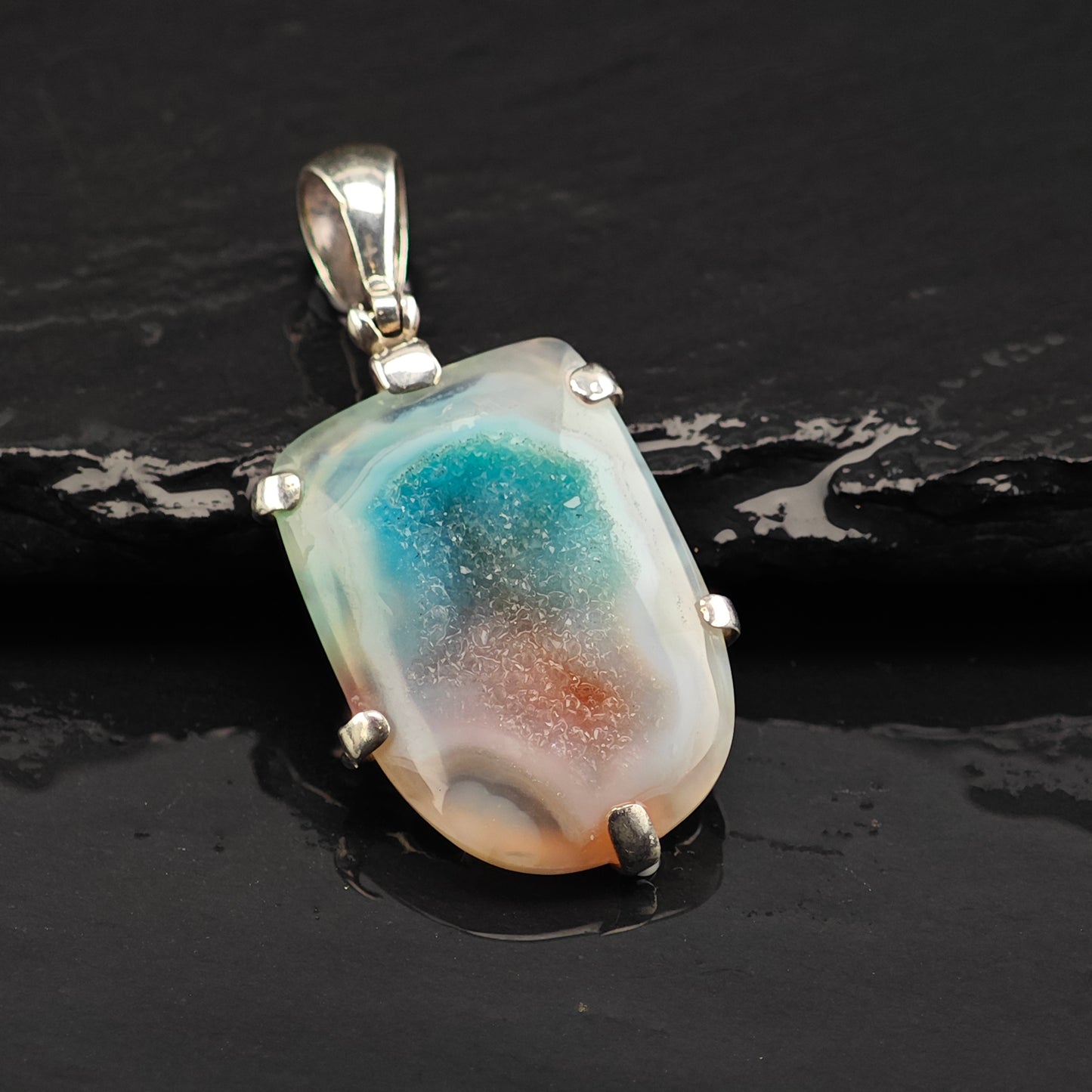 Blue And White Agate Druzy Sterling Silver