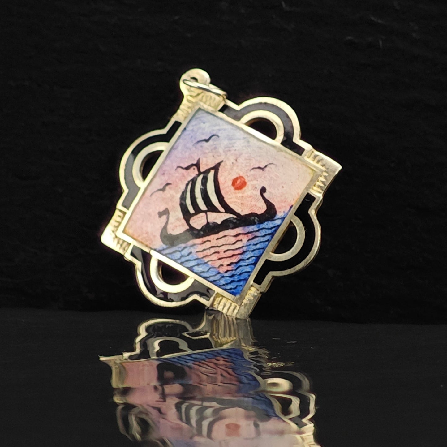 Norway Aksel Holmsen, Enamel Viking Ship Pendant, Sterling Silver