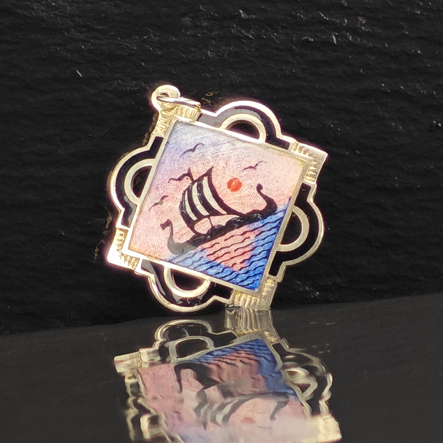 Norway Aksel Holmsen, Enamel Viking Ship Pendant, Sterling Silver