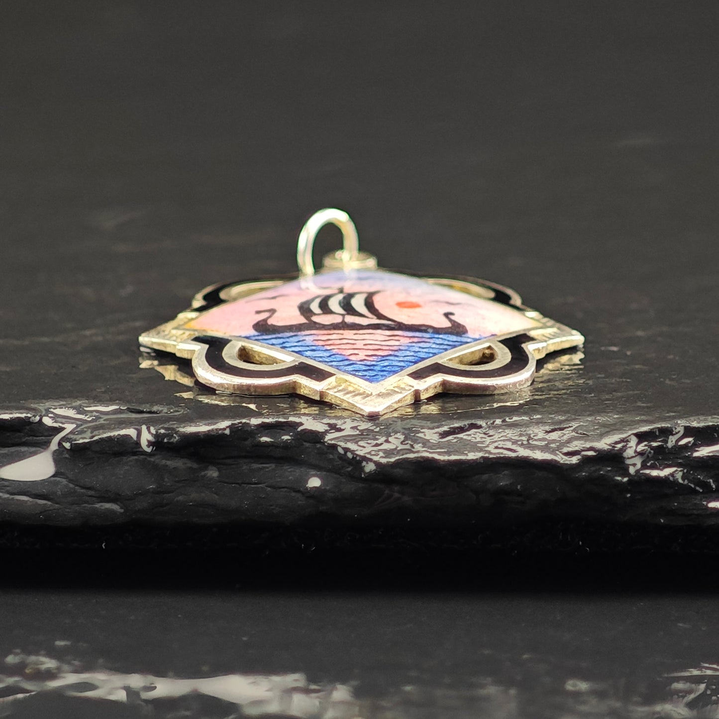 Norway Aksel Holmsen, Enamel Viking Ship Pendant, Sterling Silver