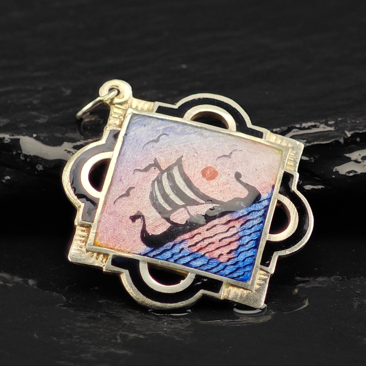 Norway Aksel Holmsen, Enamel Viking Ship Pendant, Sterling Silver