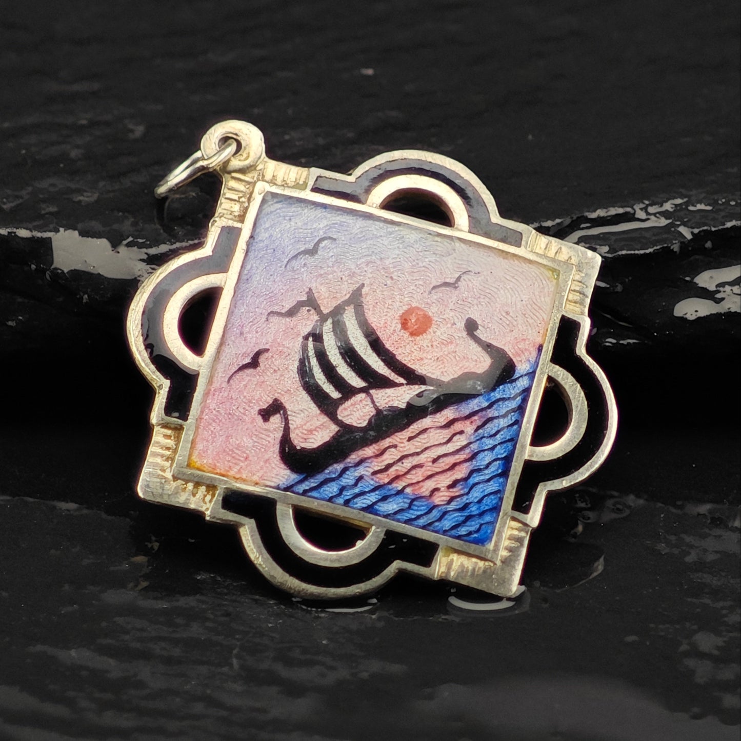 Norway Aksel Holmsen, Enamel Viking Ship Pendant, Sterling Silver