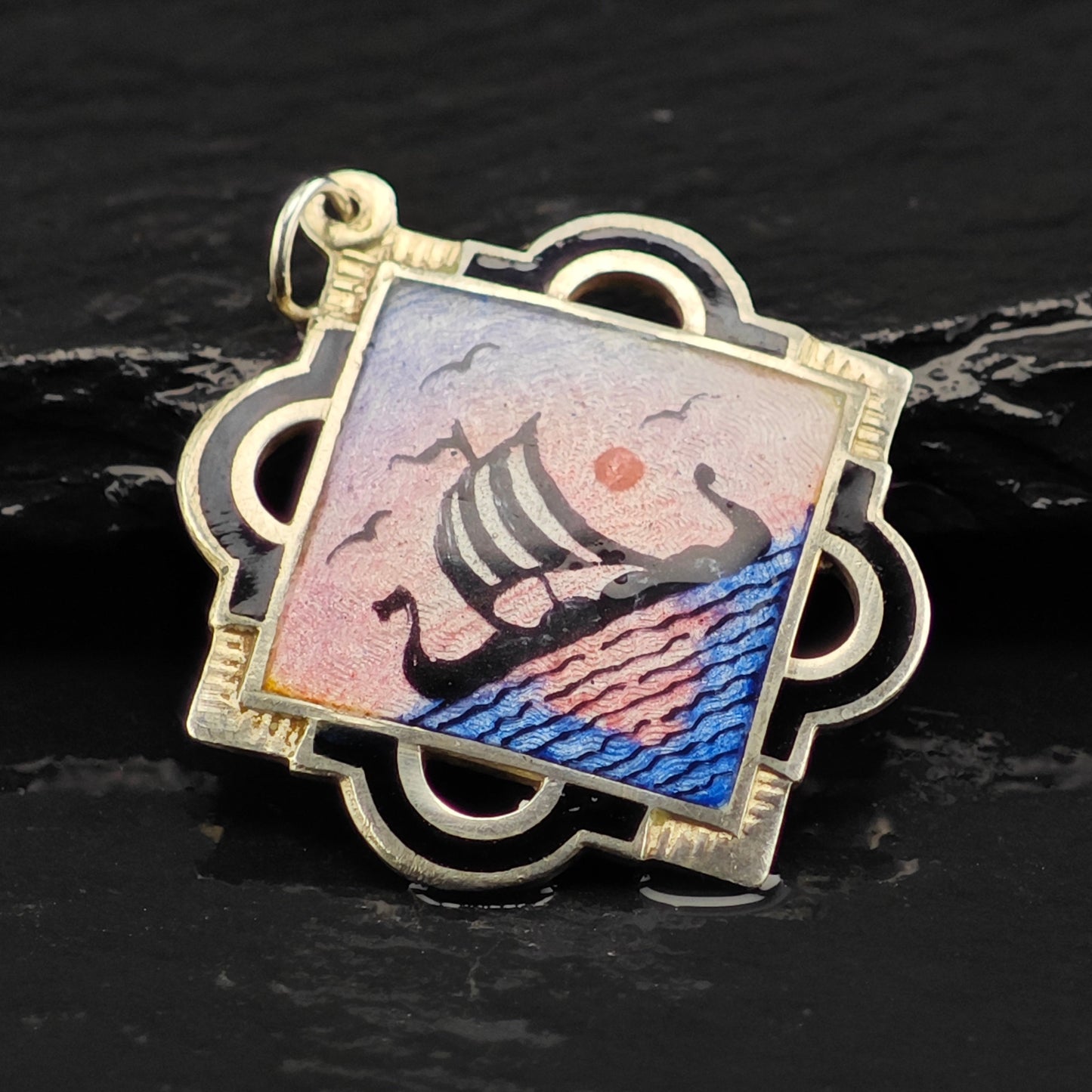 Norway Aksel Holmsen, Enamel Viking Ship Pendant, Sterling Silver