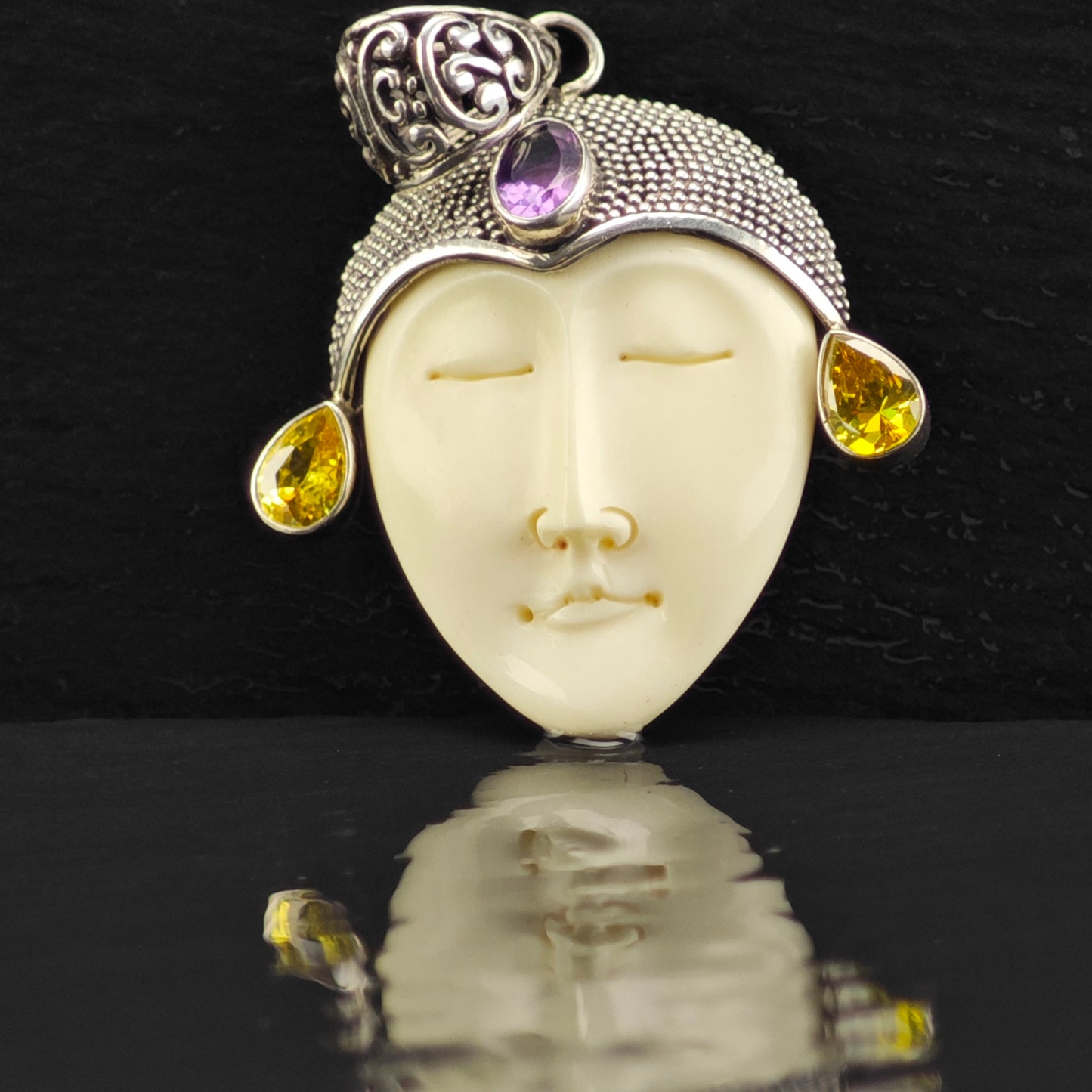 Bali Goddess, Amethyst, Citrine Pendant, Sterling Silver