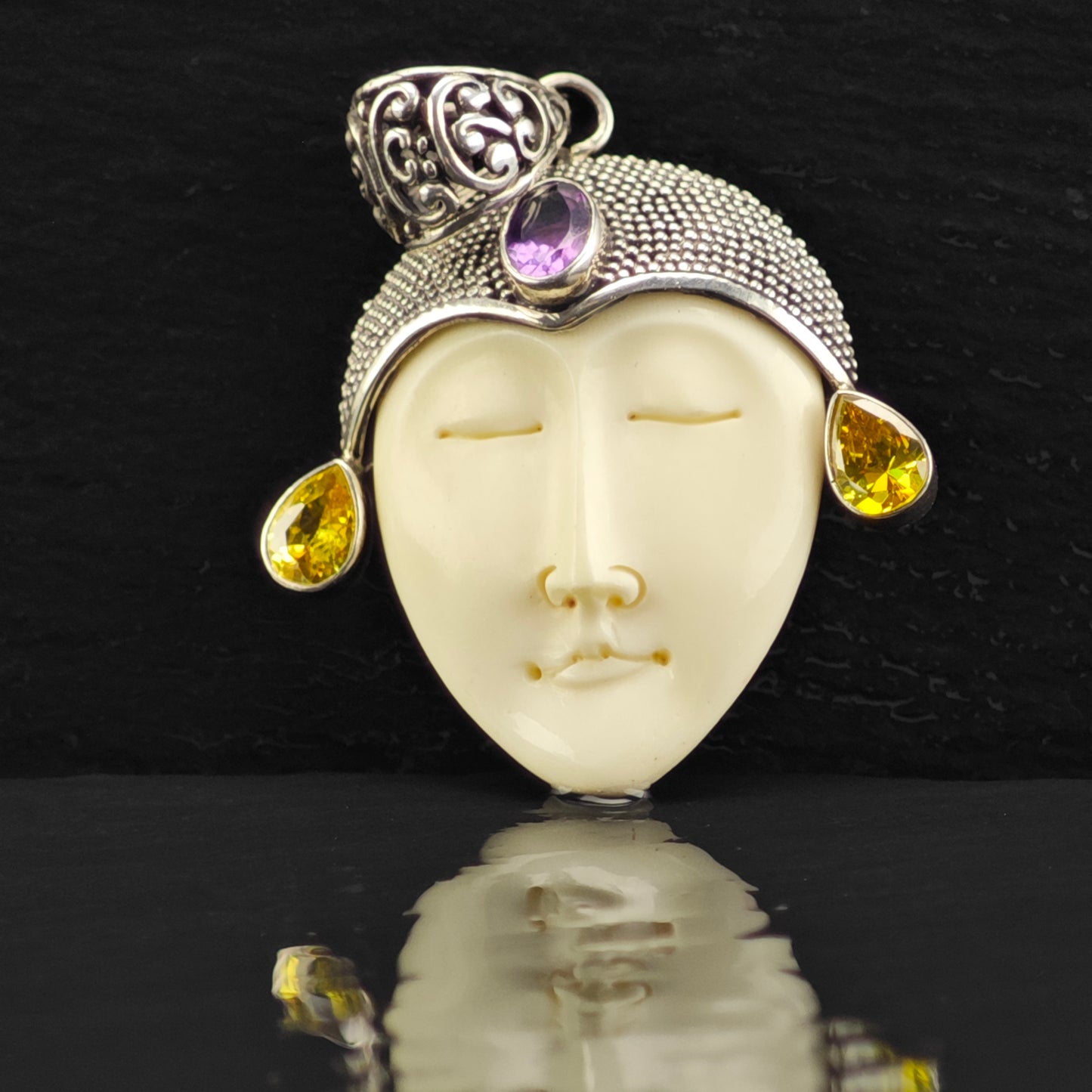 Bali Goddess, Amethyst, Citrine Pendant, Sterling Silver