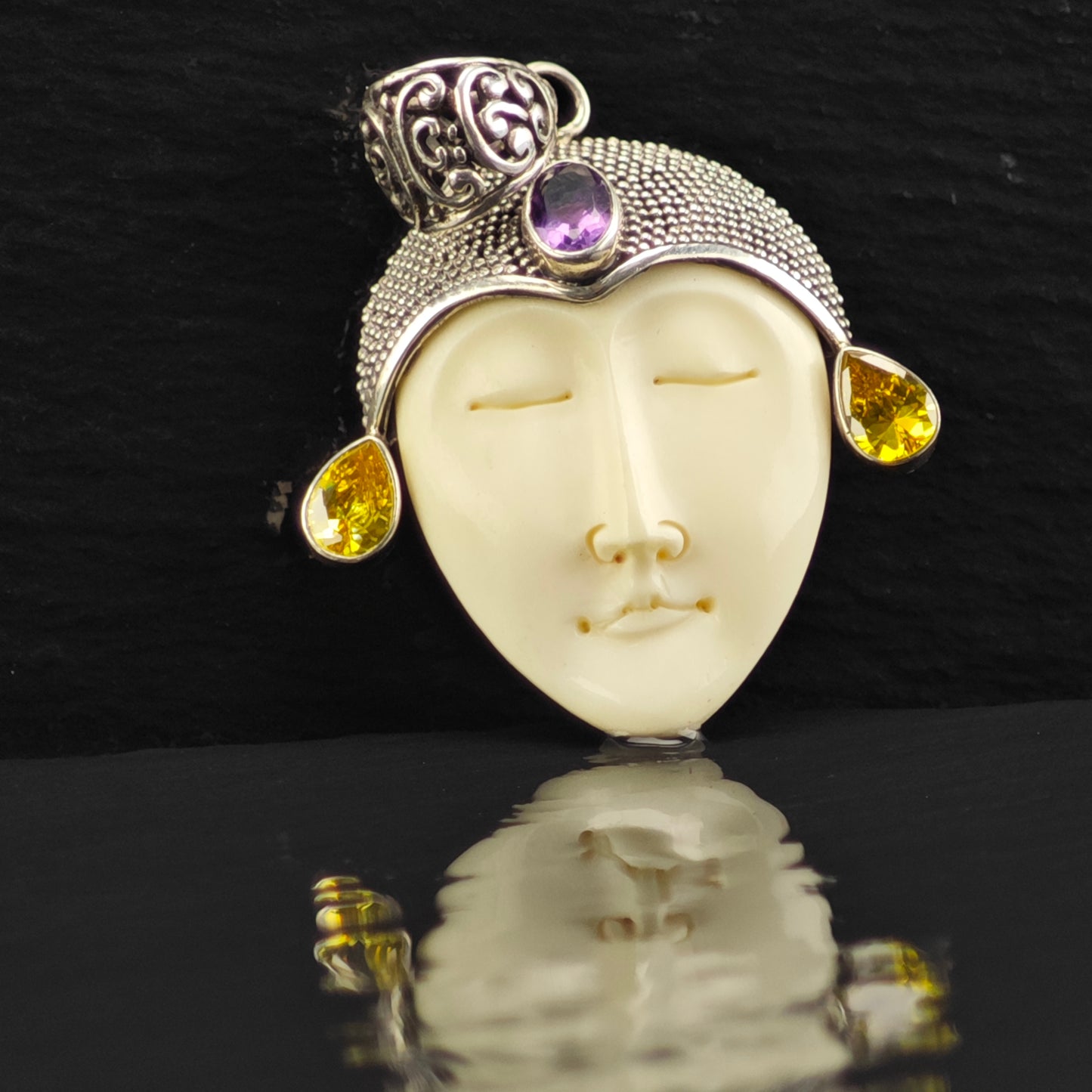 Bali Goddess, Amethyst, Citrine Pendant, Sterling Silver