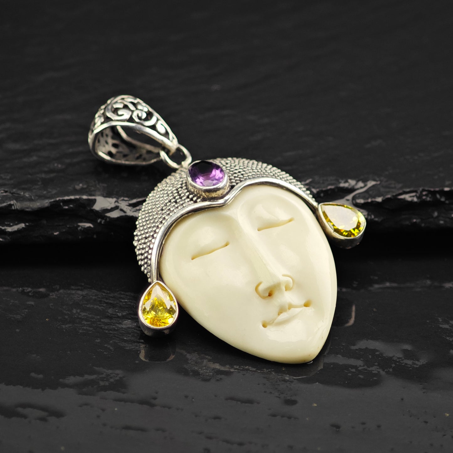 Bali Goddess, Amethyst, Citrine Pendant, Sterling Silver