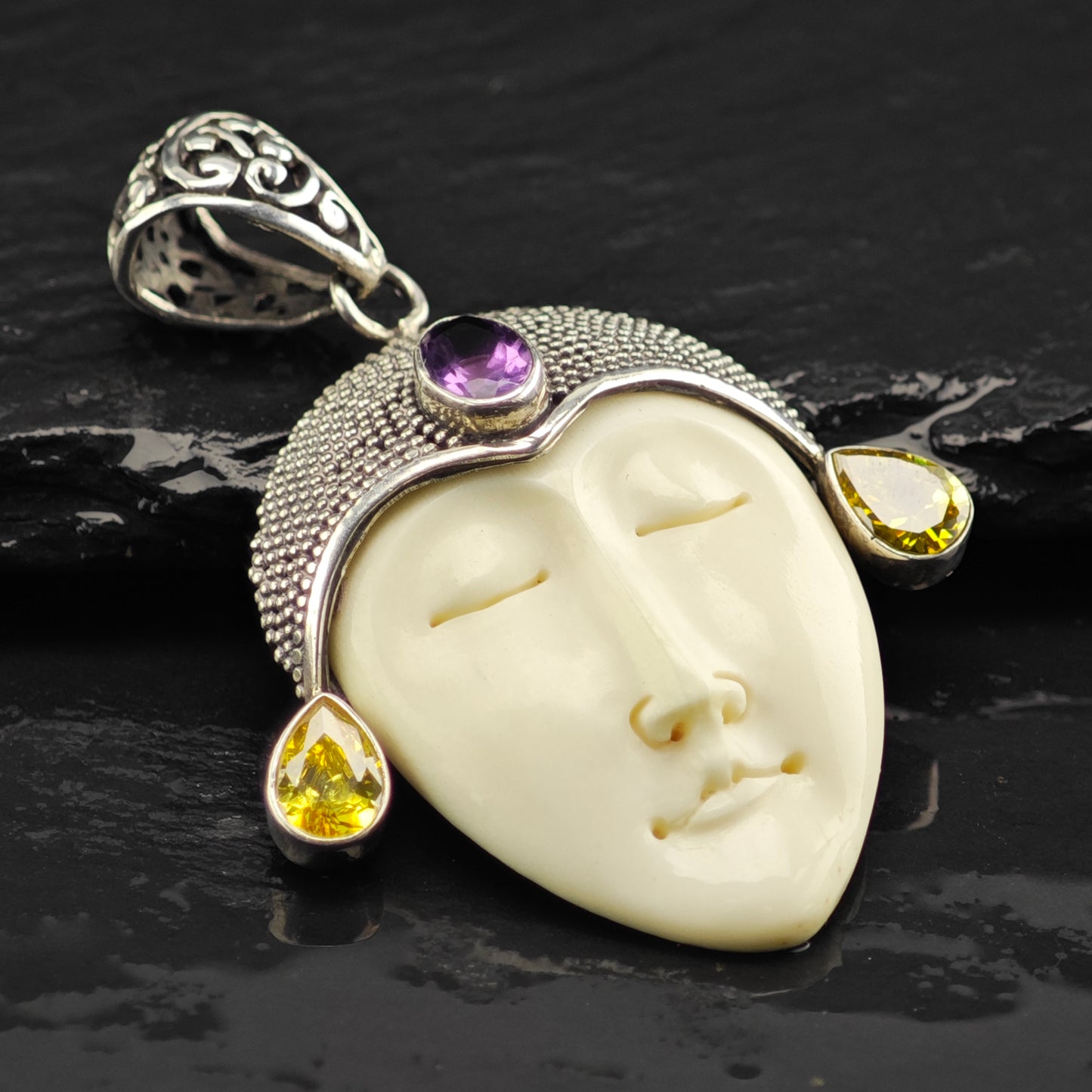 Bali Goddess, Amethyst, Citrine Pendant, Sterling Silver