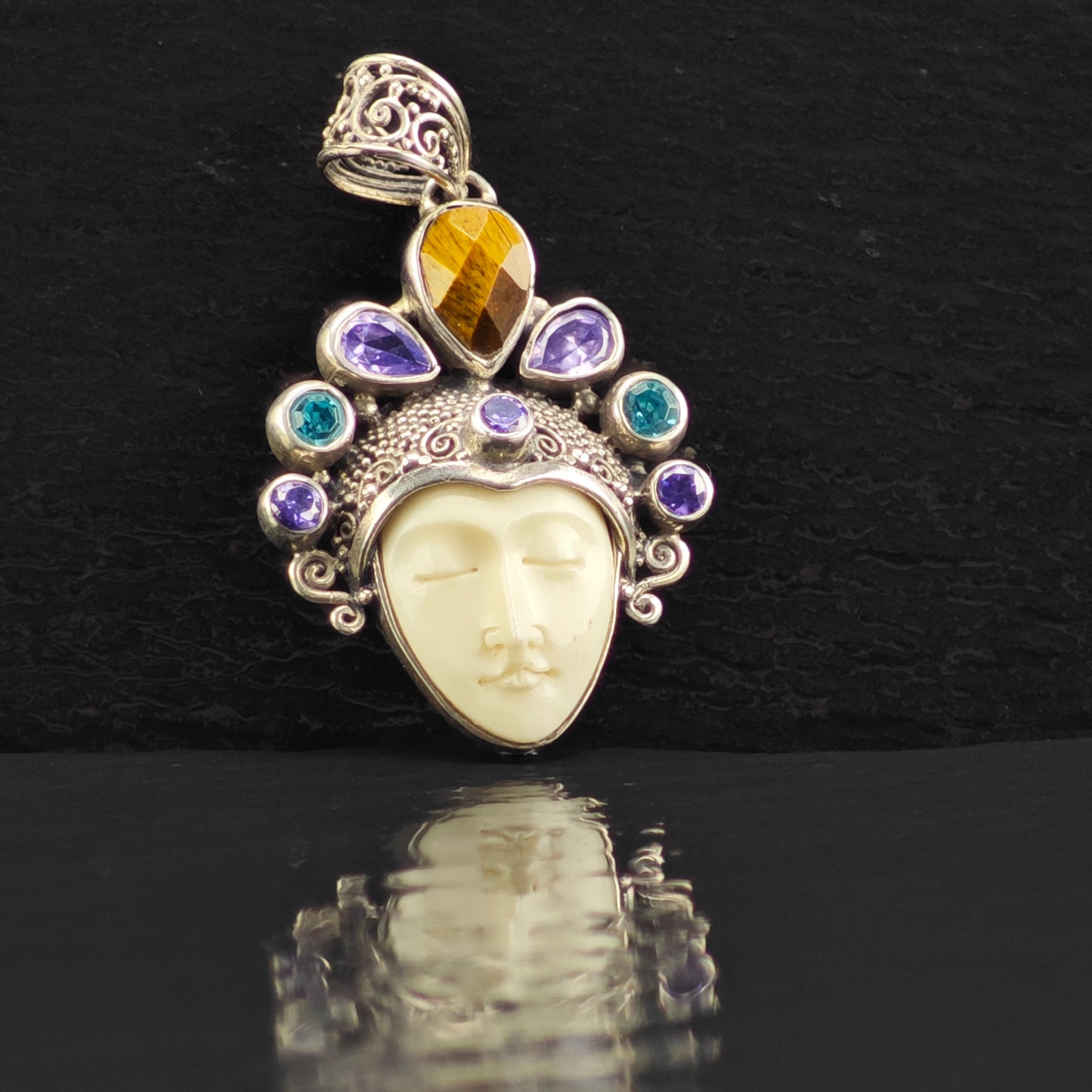 Bali Goddess, Moonface Multi-stone Pendant, Sterling Silver P2987