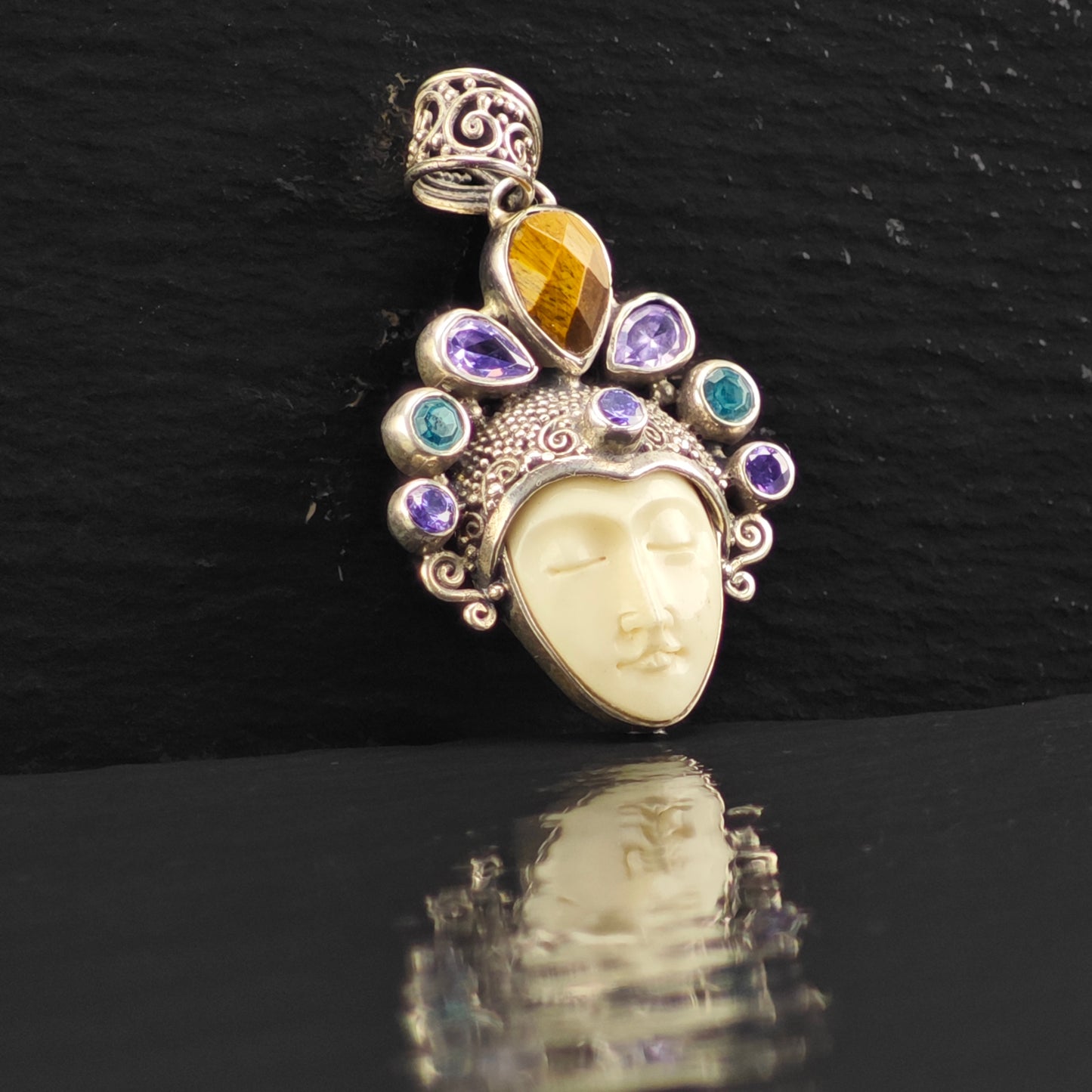 Bali Goddess, Moonface Multi-stone Pendant, Sterling Silver P2987