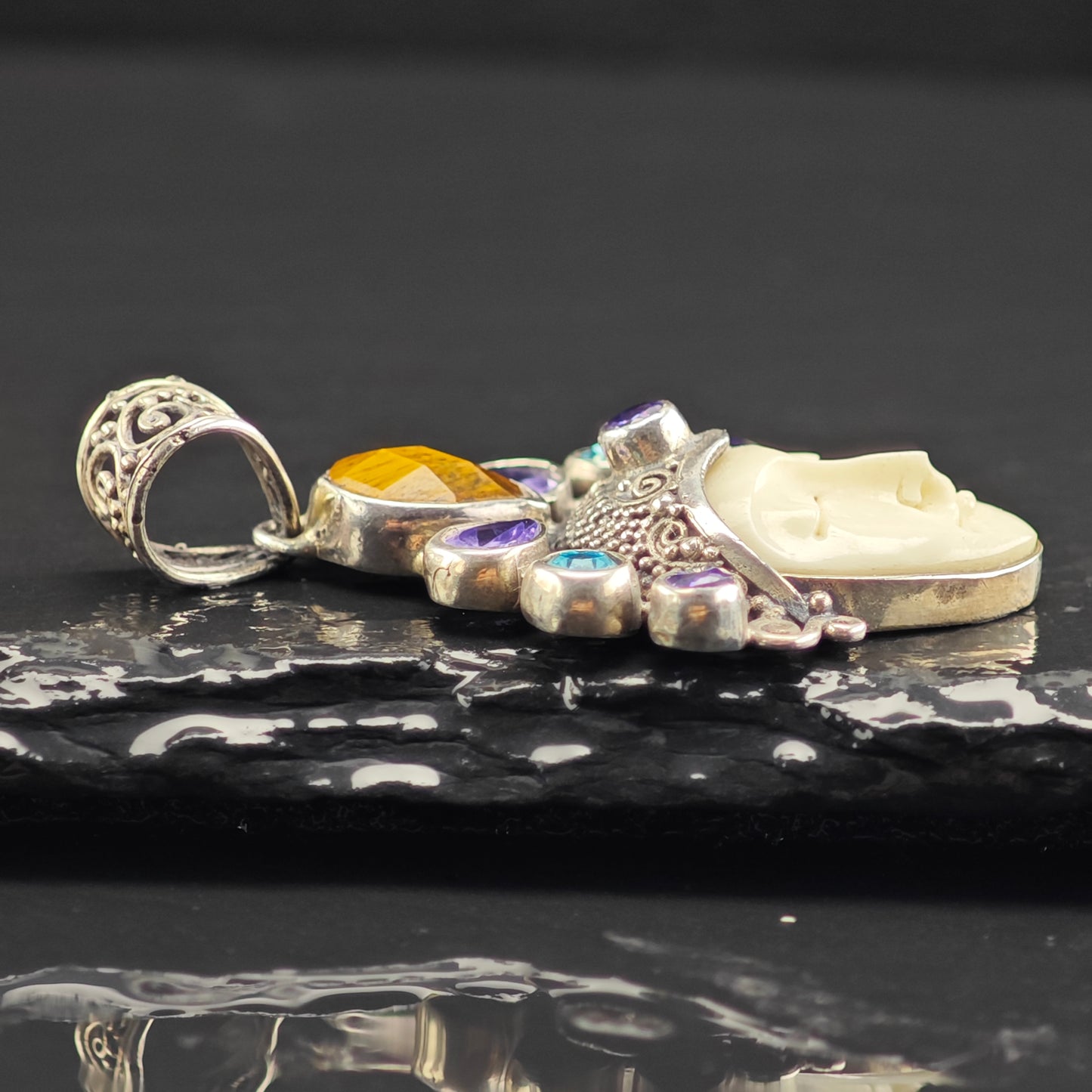 Bali Goddess, Moonface Multi-stone Pendant, Sterling Silver P2987