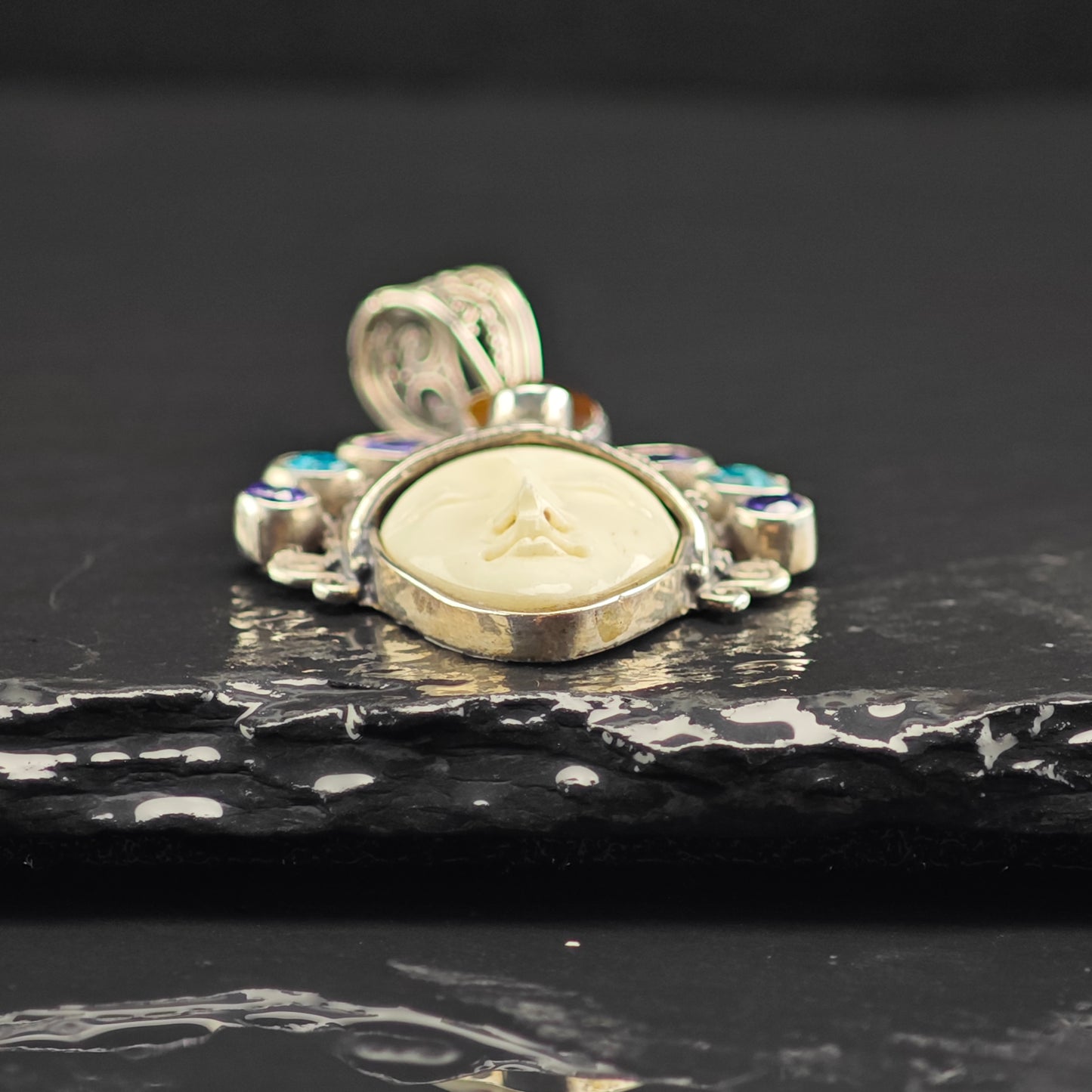 Bali Goddess, Moonface Multi-stone Pendant, Sterling Silver P2987