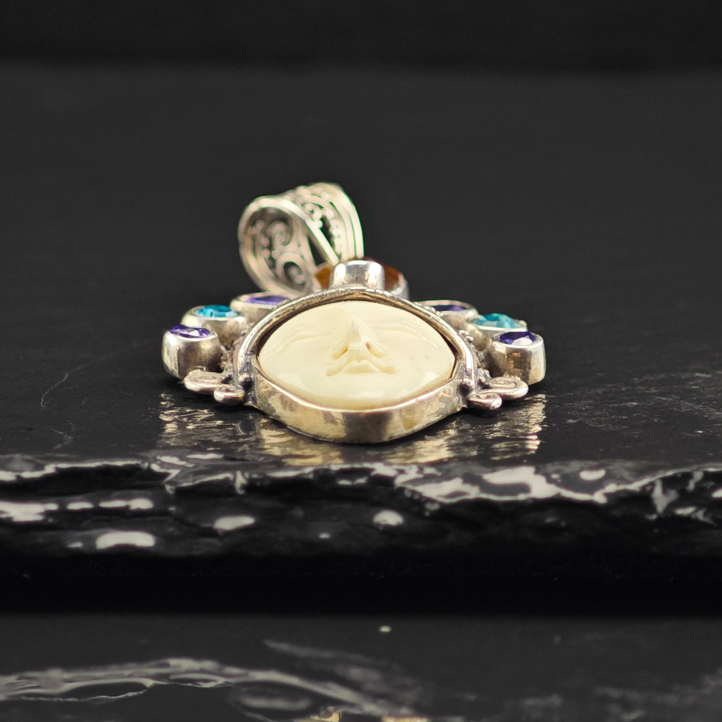 Bali Goddess, Moonface Multi-stone Pendant, Sterling Silver P2987