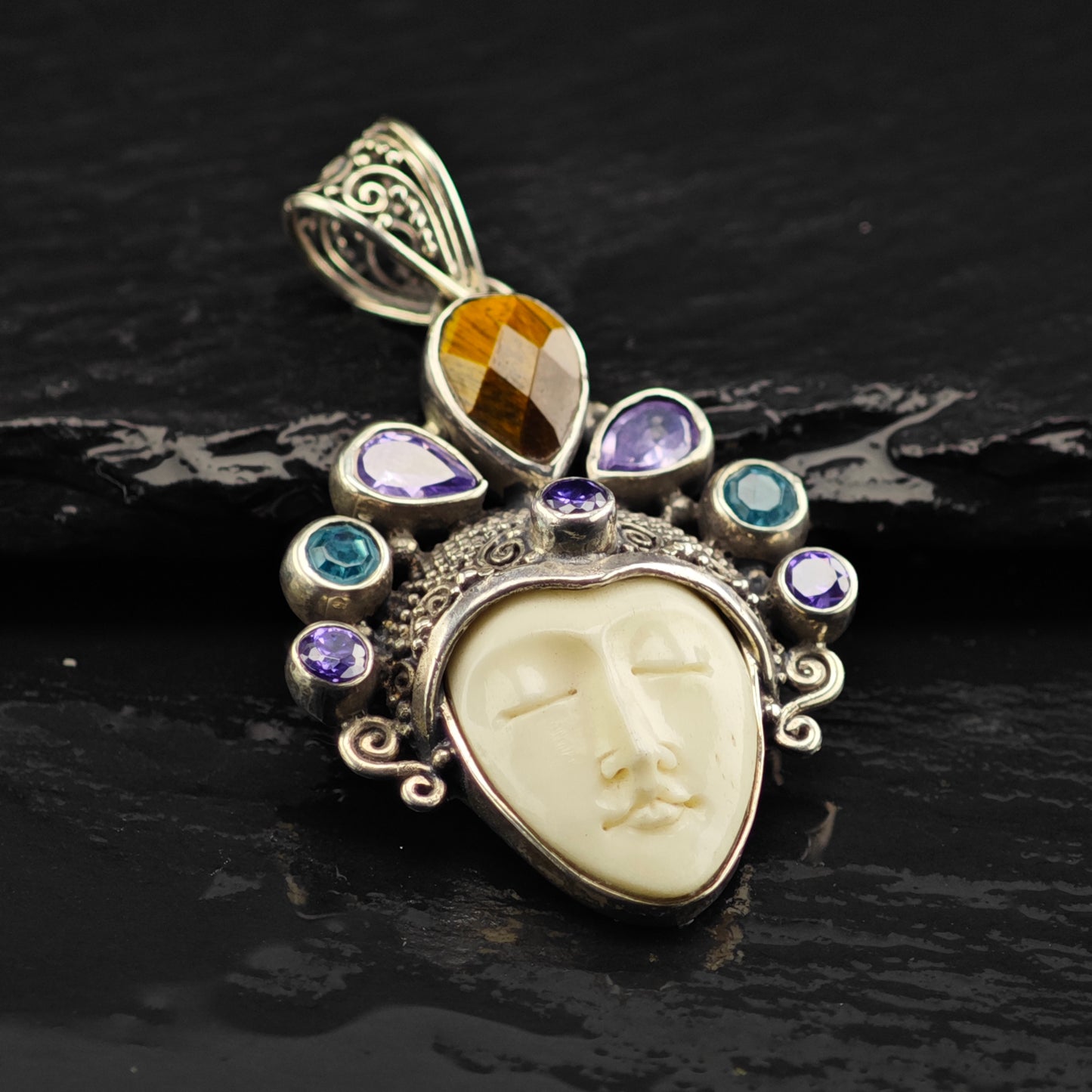 Bali Goddess, Moonface Multi-stone Pendant, Sterling Silver P2987