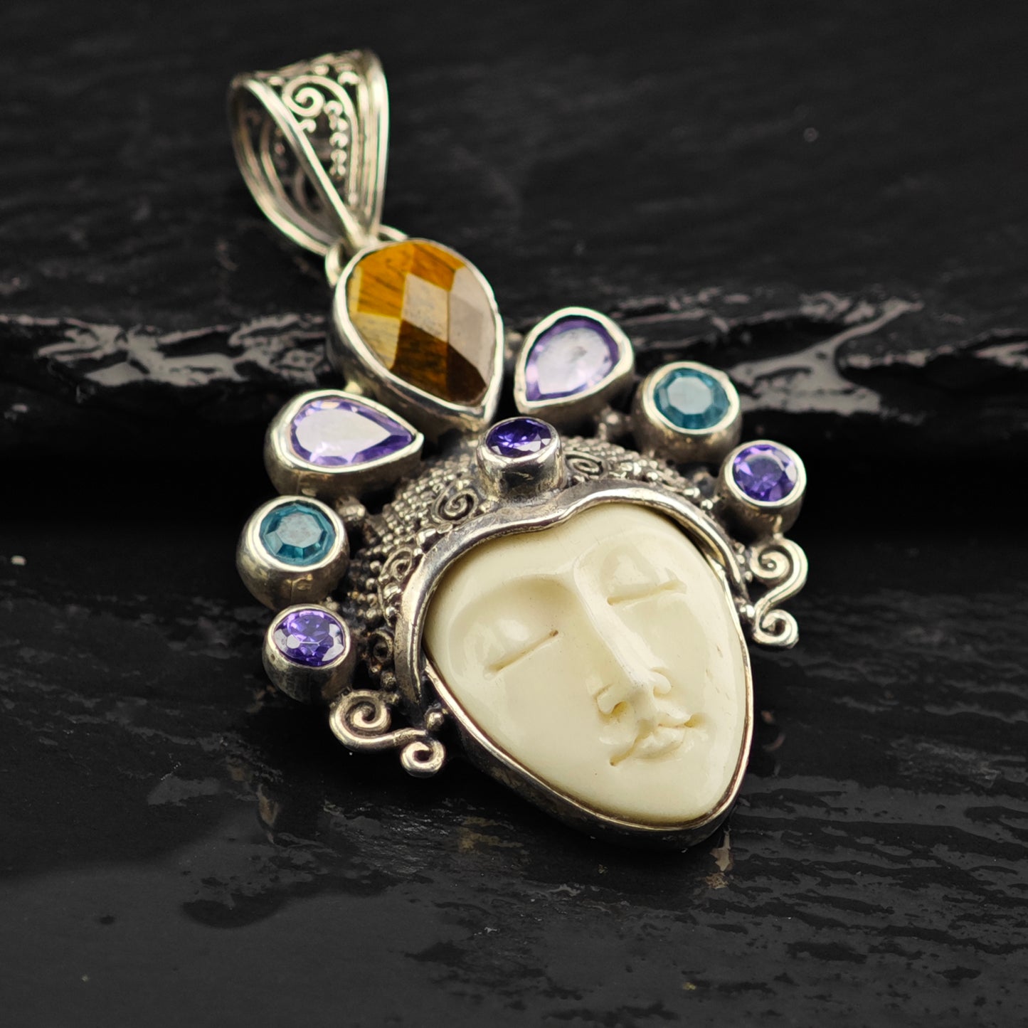 Bali Goddess, Moonface Multi-stone Pendant, Sterling Silver P2987