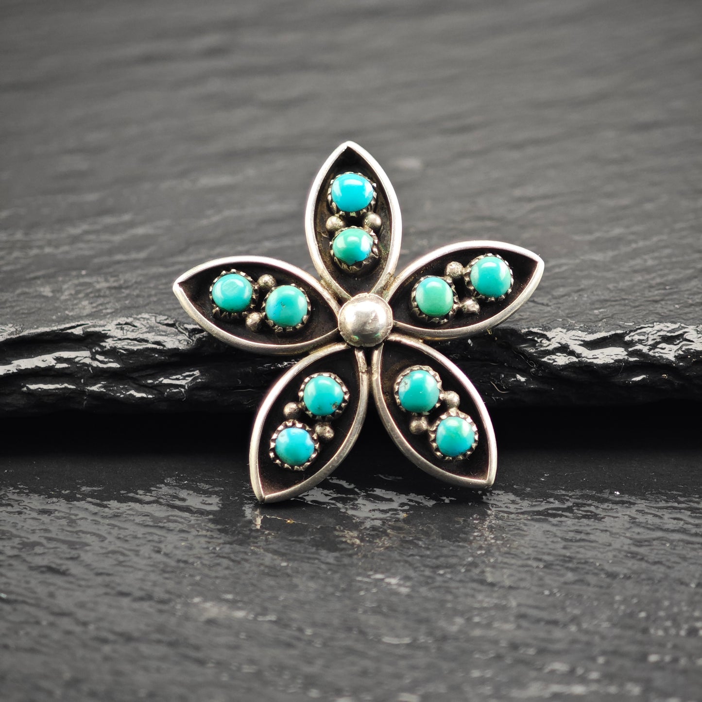Zuni Turquoise Snake Eye Flower Pendant/Brooch Sterling Silver