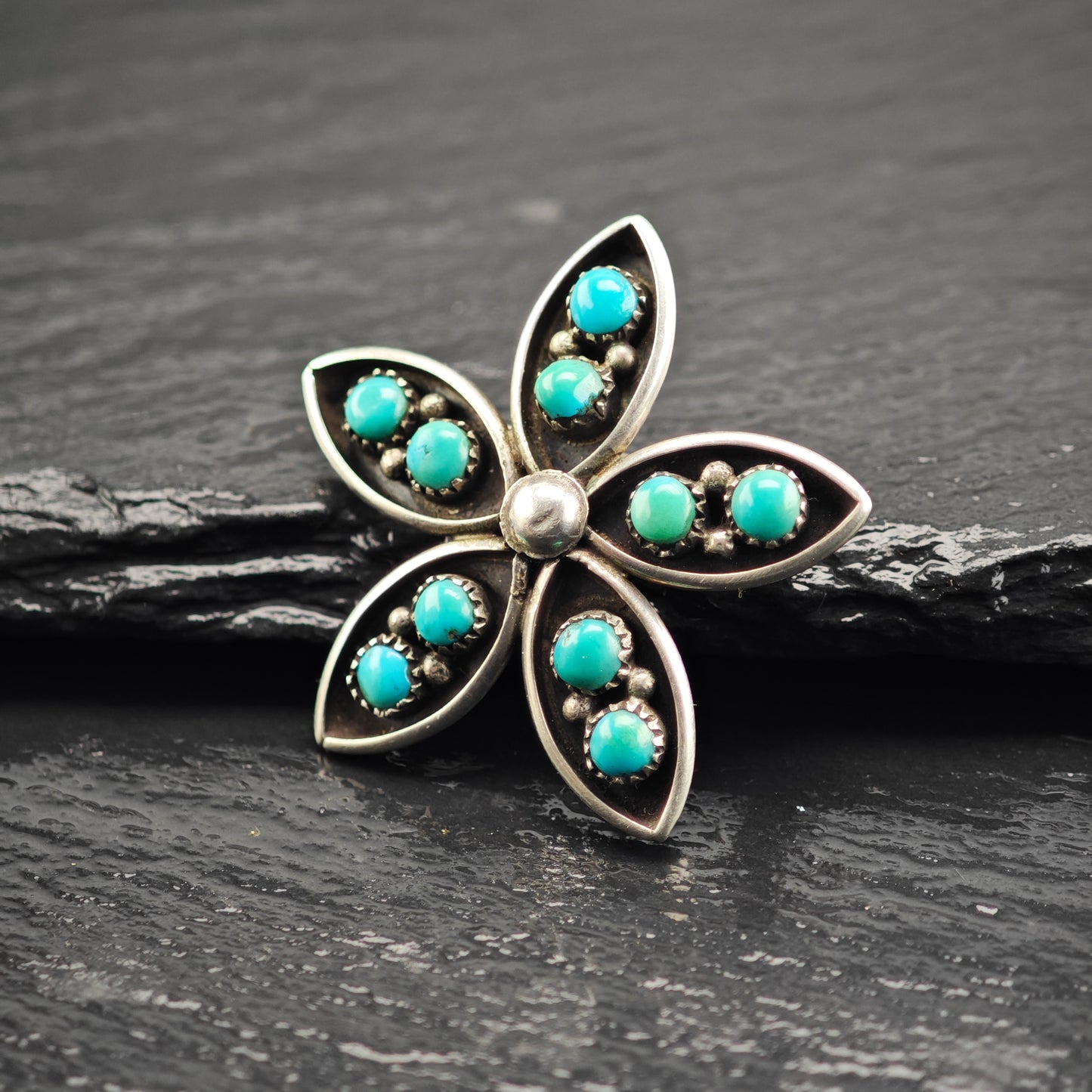 Zuni Turquoise Snake Eye Flower Pendant/Brooch Sterling Silver