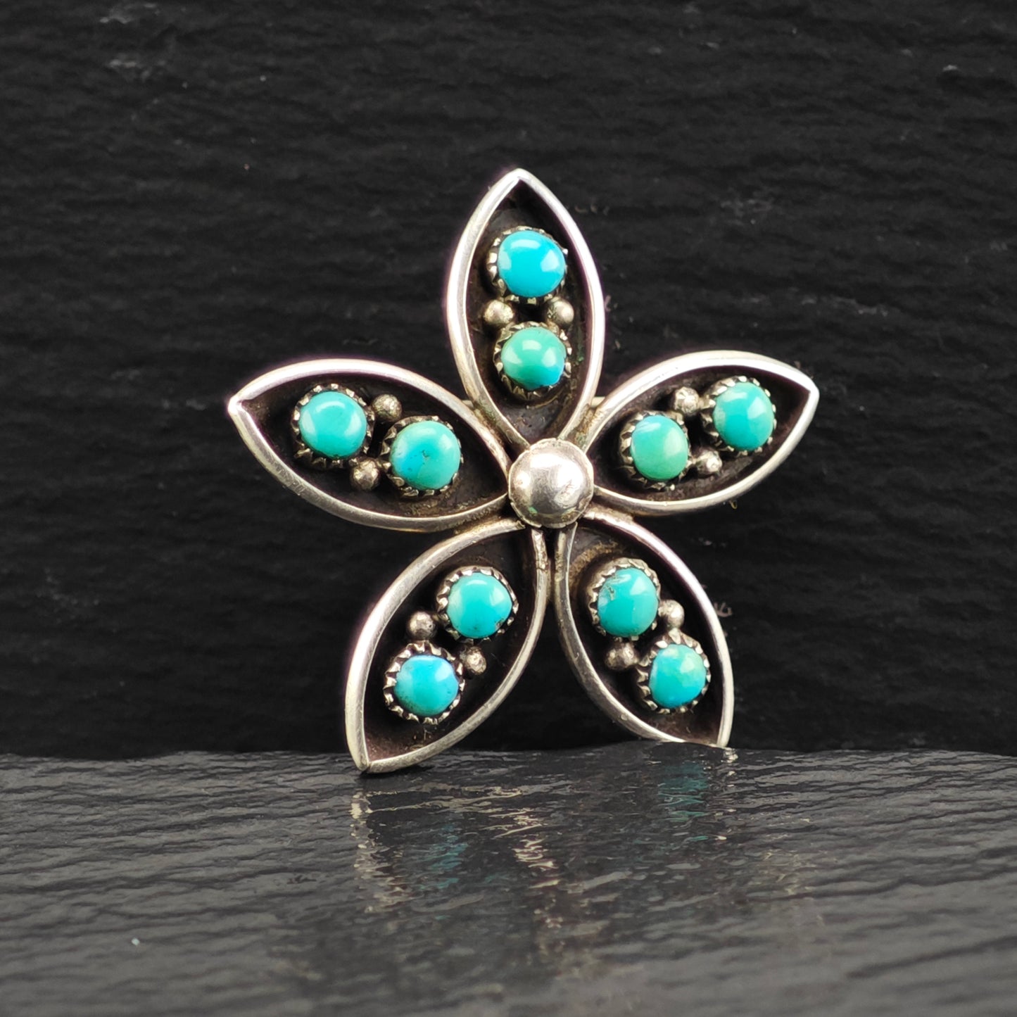 Zuni Turquoise Snake Eye Flower Pendant/Brooch Sterling Silver