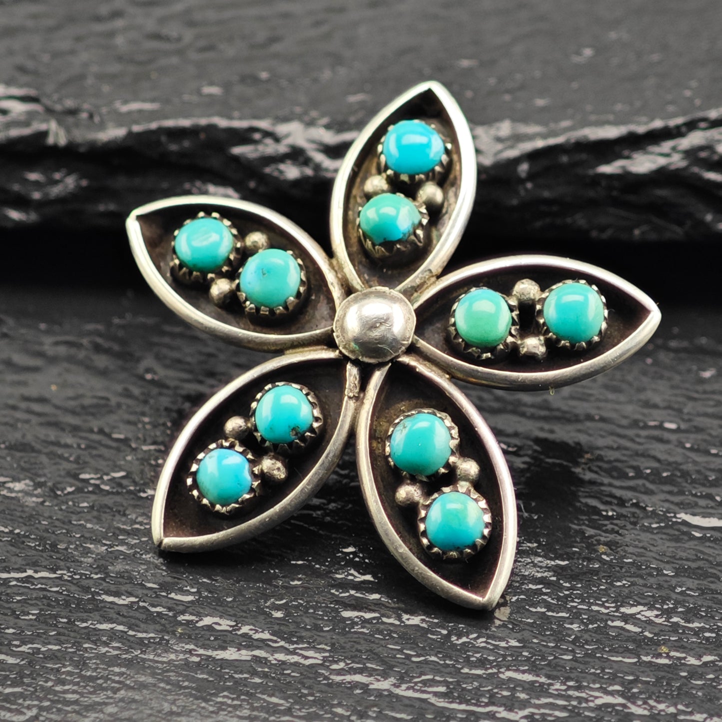 Zuni Turquoise Snake Eye Flower Pendant/Brooch Sterling Silver