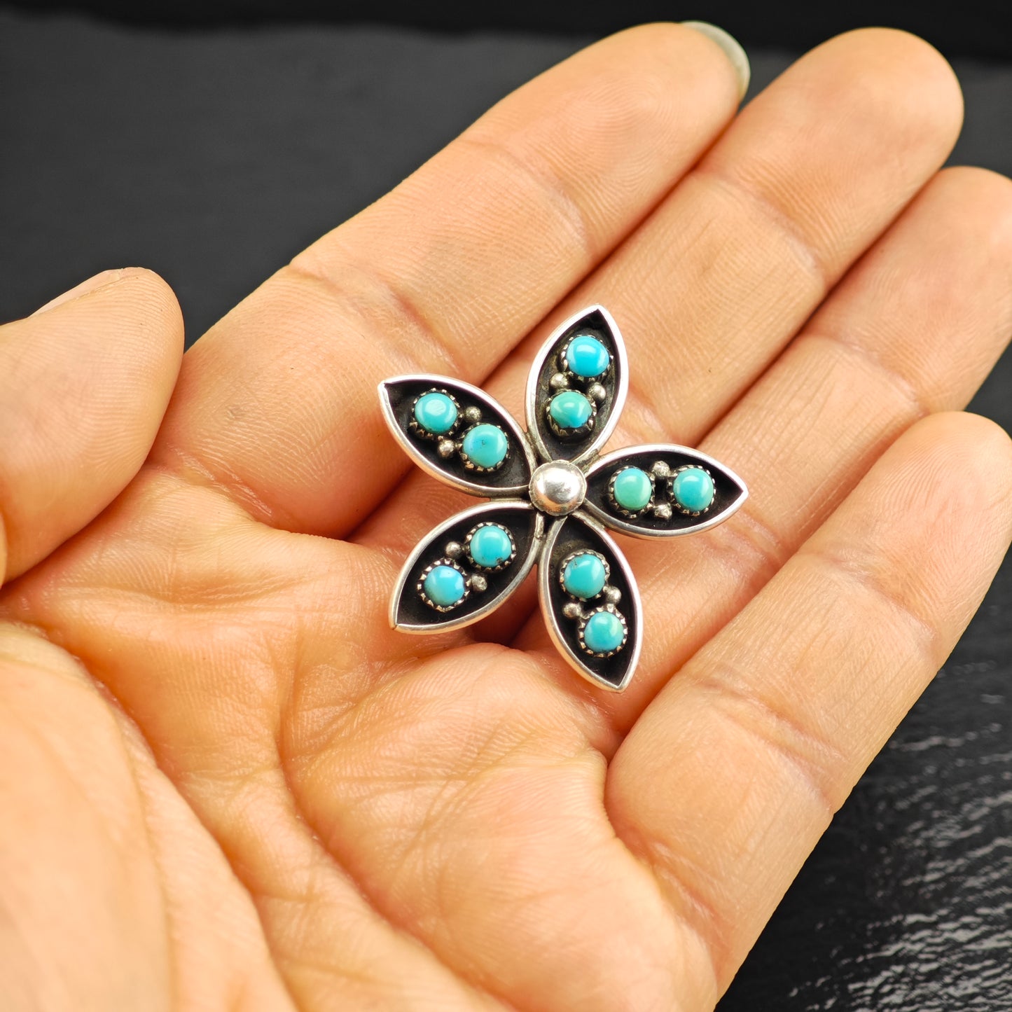 Zuni Turquoise Snake Eye Flower Pendant/Brooch Sterling Silver