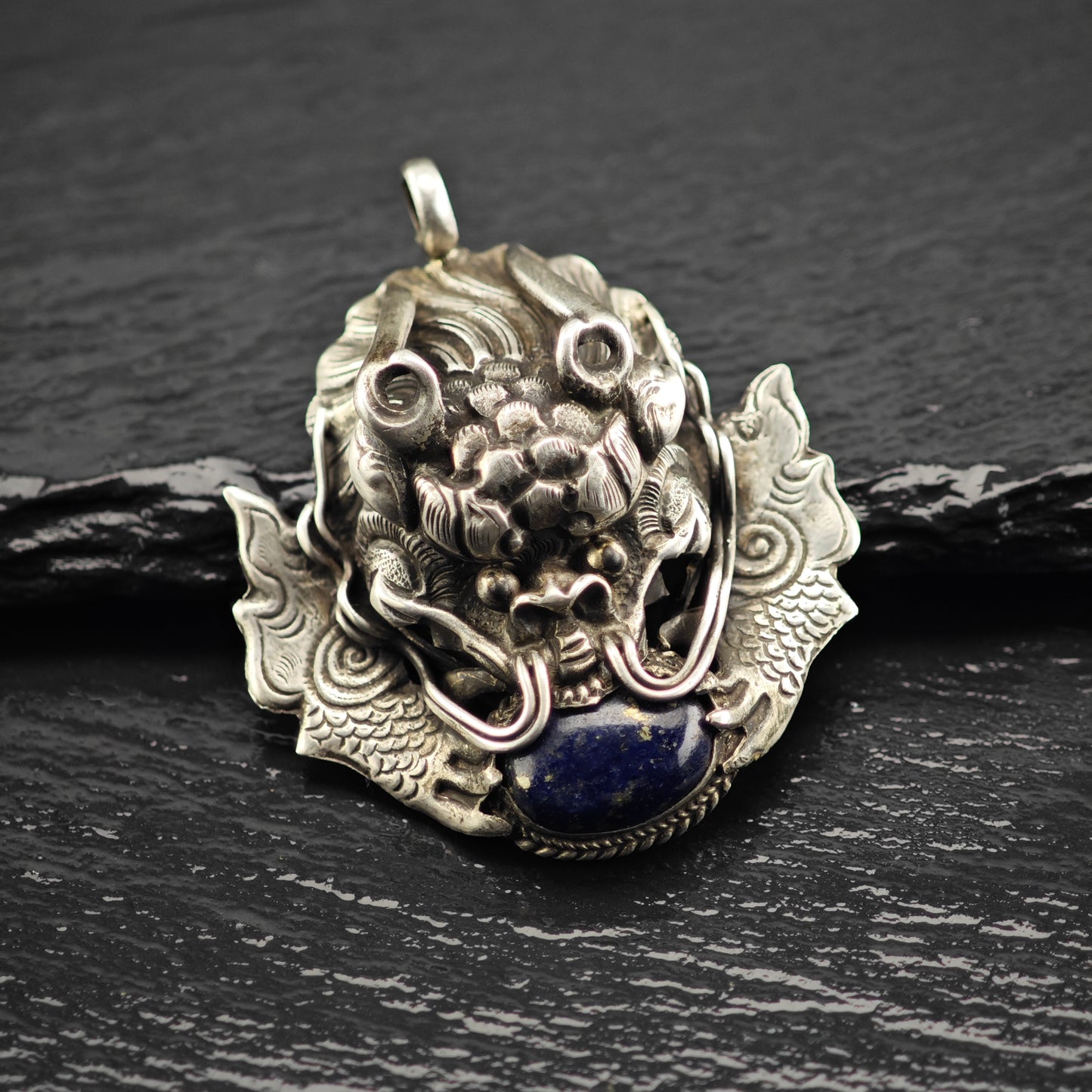 Antique Lapis Dragon Pendant Sterling Silver P2904