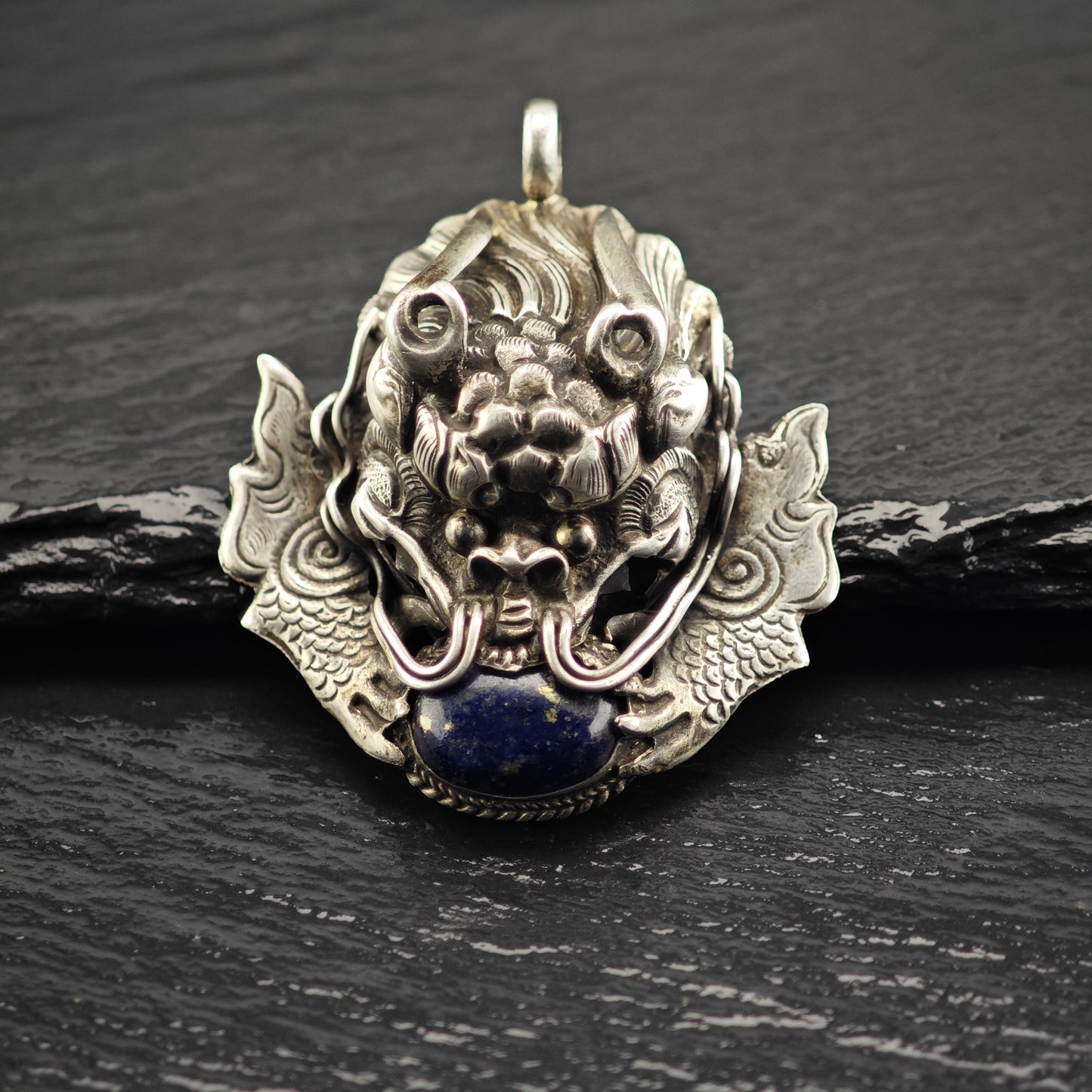 Antique Lapis Dragon Pendant Sterling Silver P2904