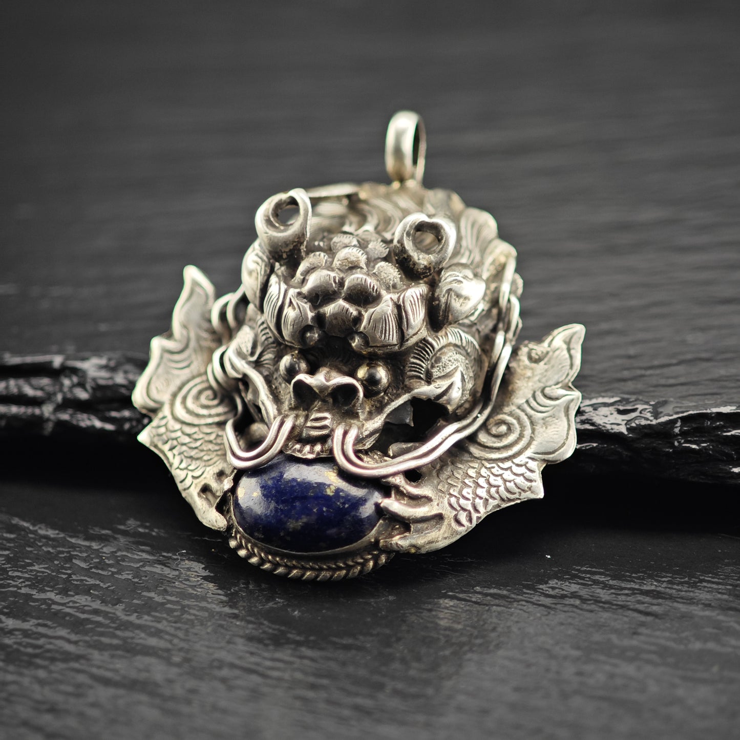 Antique Lapis Dragon Pendant Sterling Silver P2904
