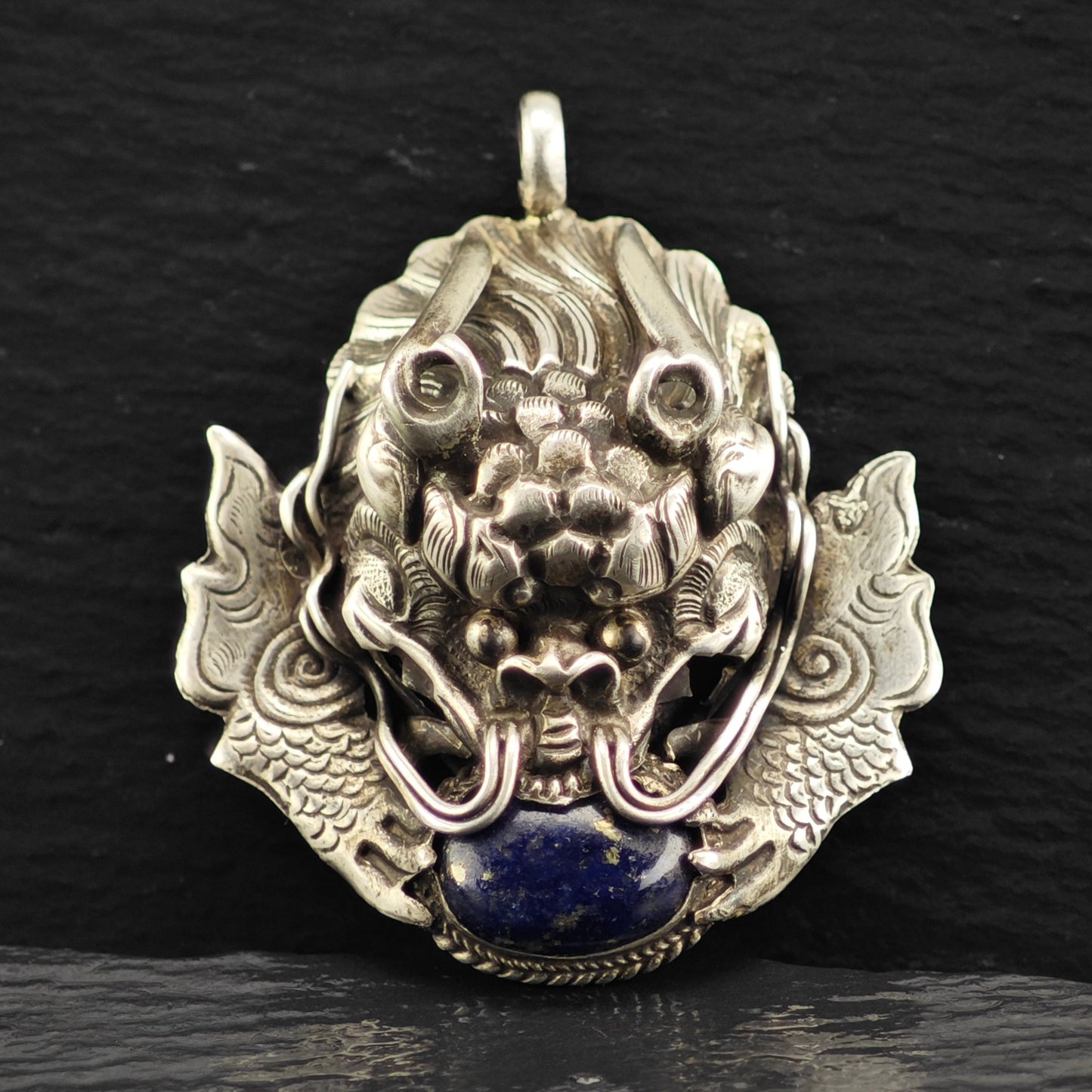 Antique Lapis Dragon Pendant Sterling Silver P2904