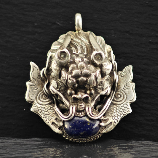 Antique Lapis Dragon Pendant Sterling Silver P2904