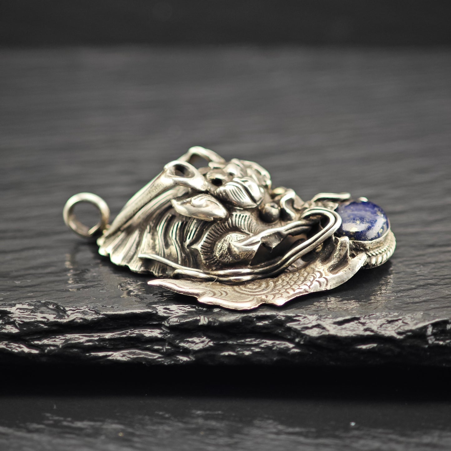Antique Lapis Dragon Pendant Sterling Silver P2904