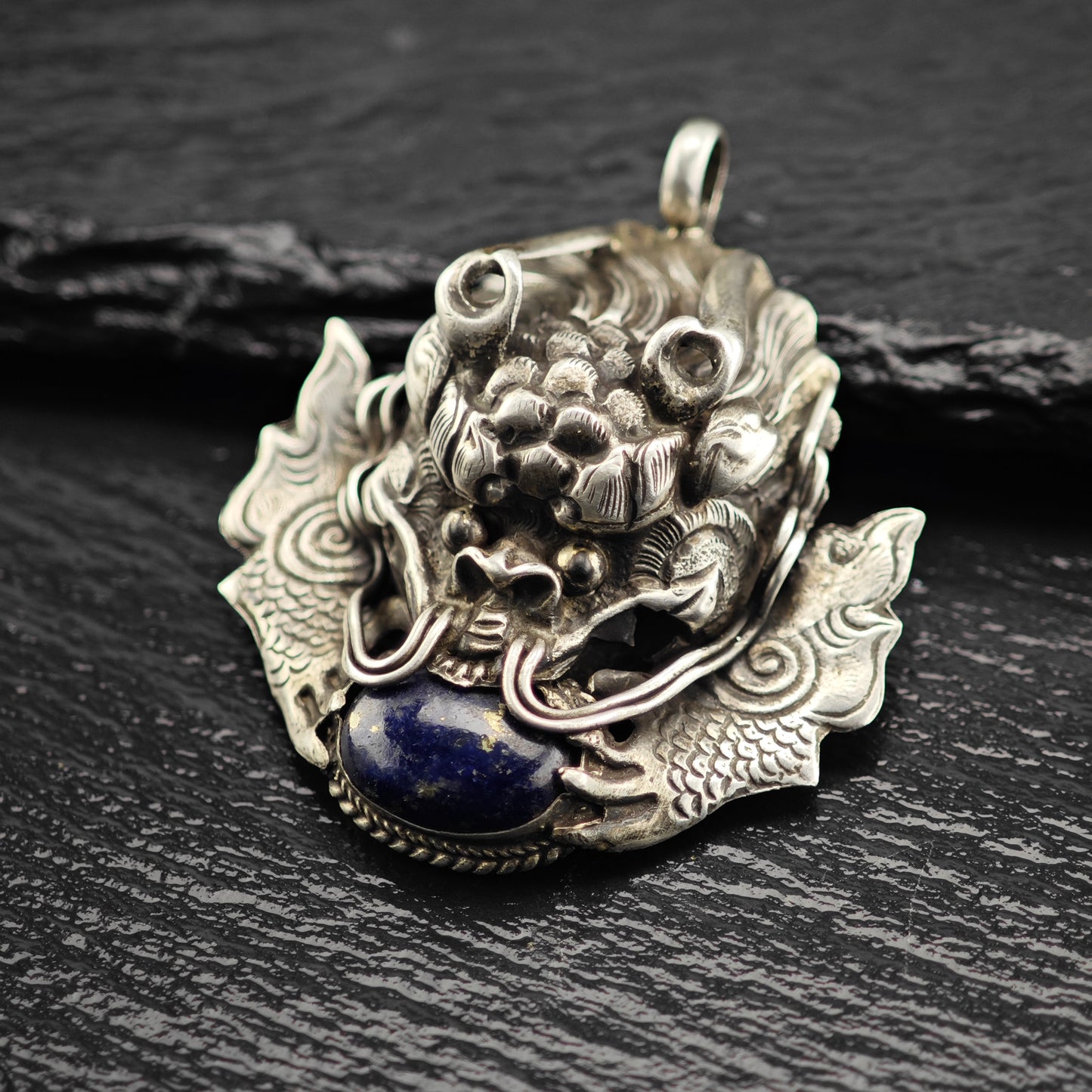 Antique Lapis Dragon Pendant Sterling Silver P2904