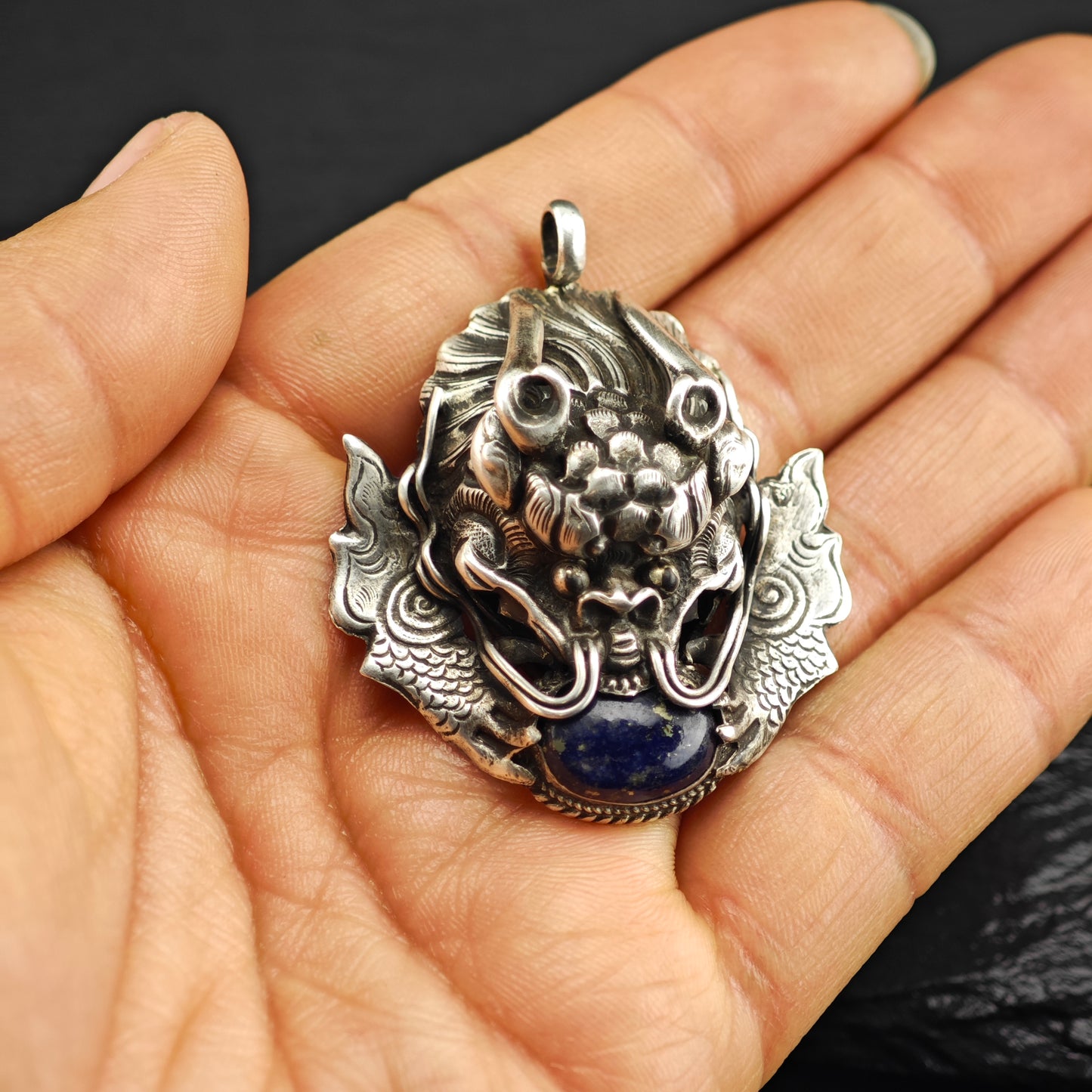 Antique Lapis Dragon Pendant Sterling Silver P2904