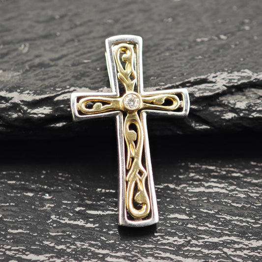 Diamond, 14k Gold Accent Cross Pendant Sterling Silver P2916