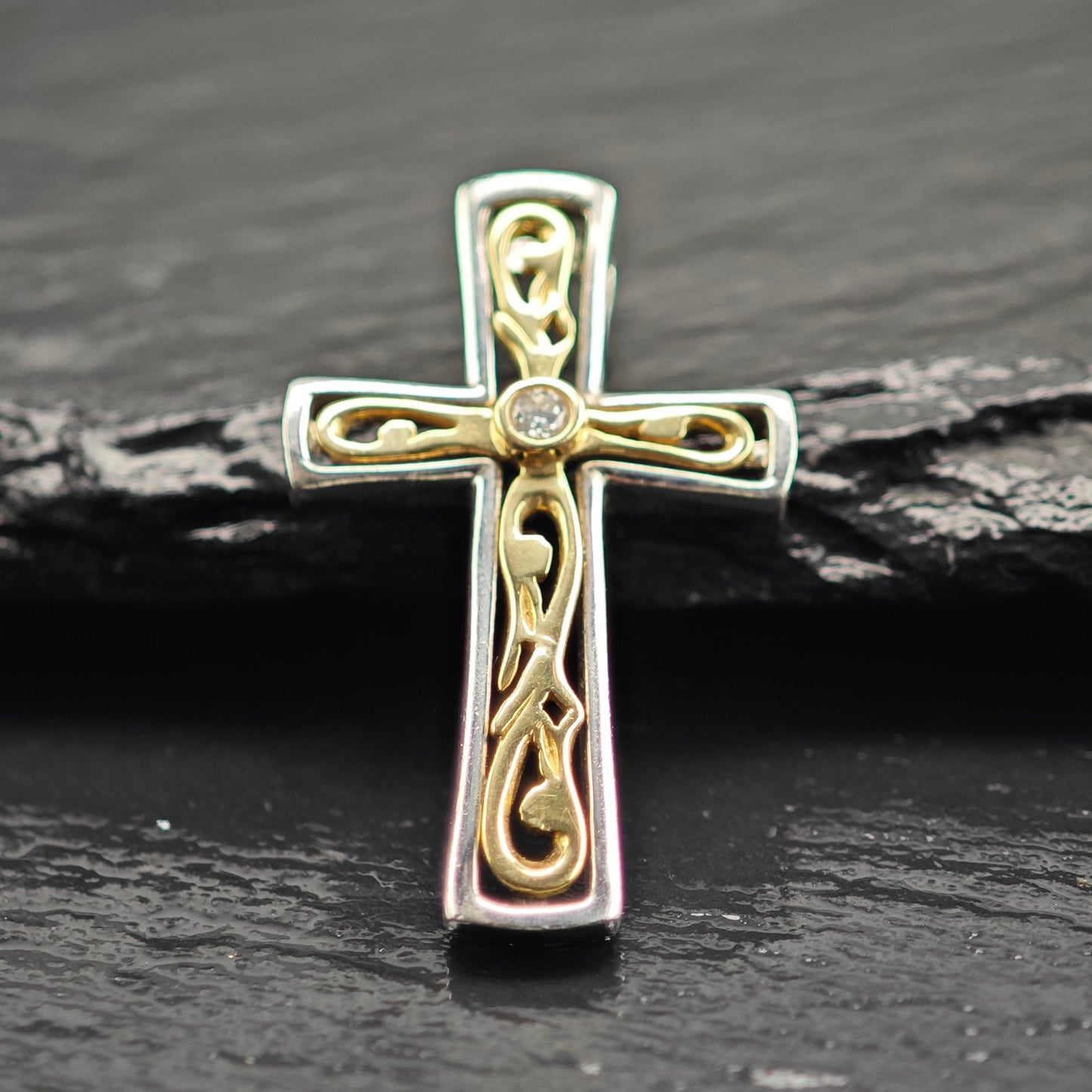 Diamond, 14k Gold Accent Cross Pendant Sterling Silver P2916