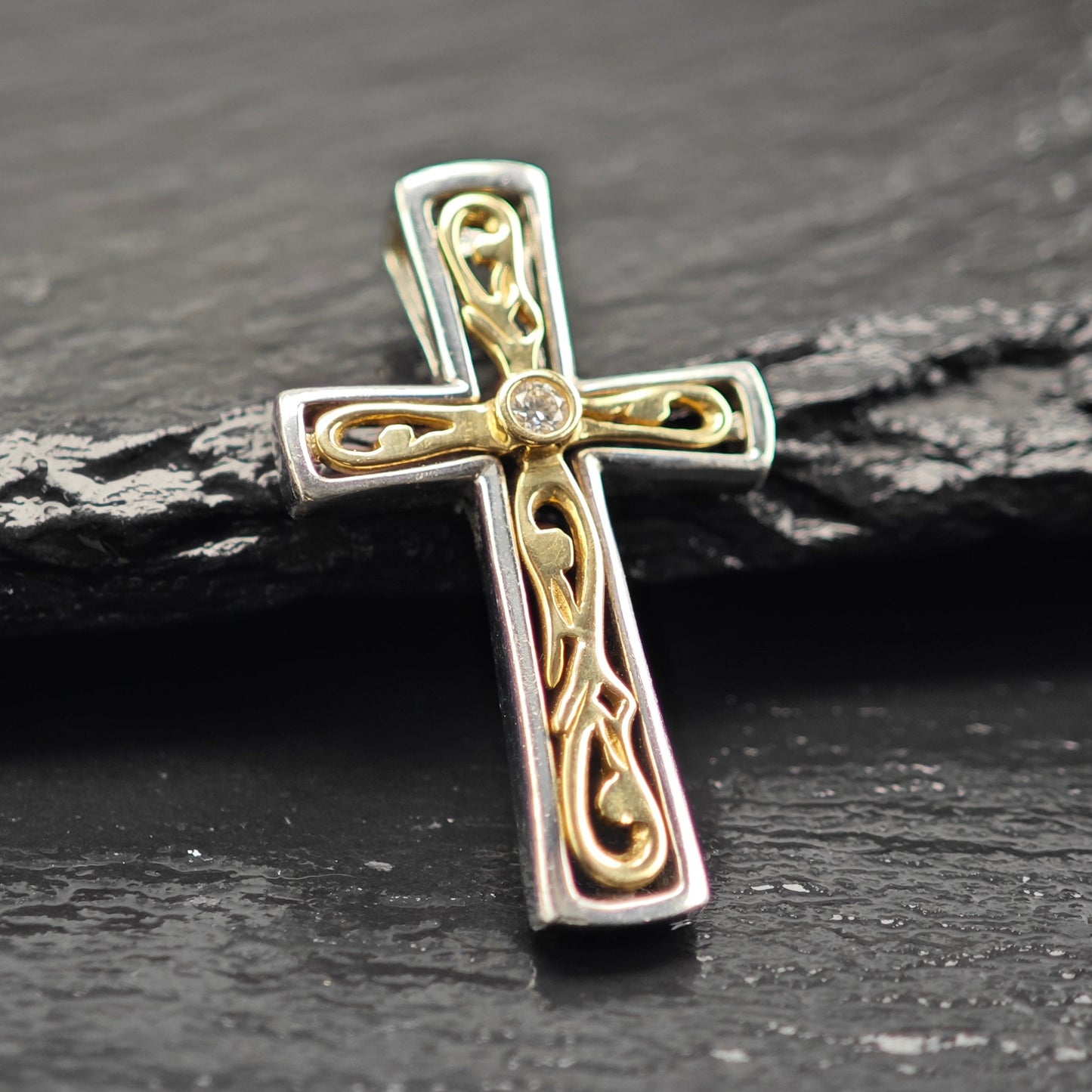 Diamond, 14k Gold Accent Cross Pendant Sterling Silver P2916