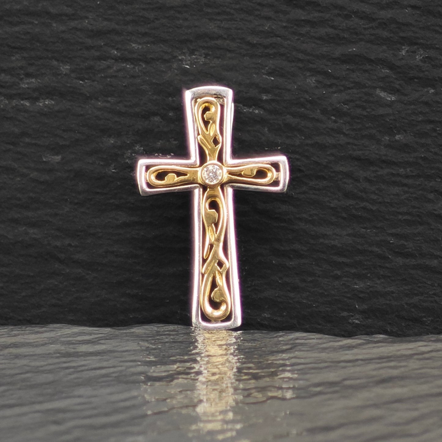 Diamond, 14k Gold Accent Cross Pendant Sterling Silver P2916