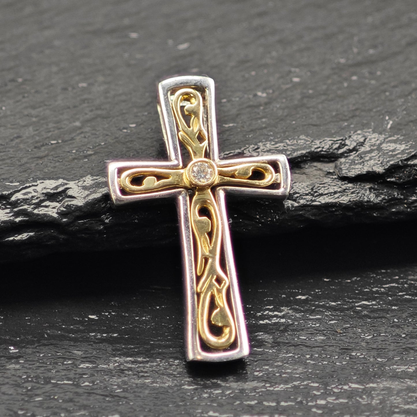 Diamond, 14k Gold Accent Cross Pendant Sterling Silver P2916