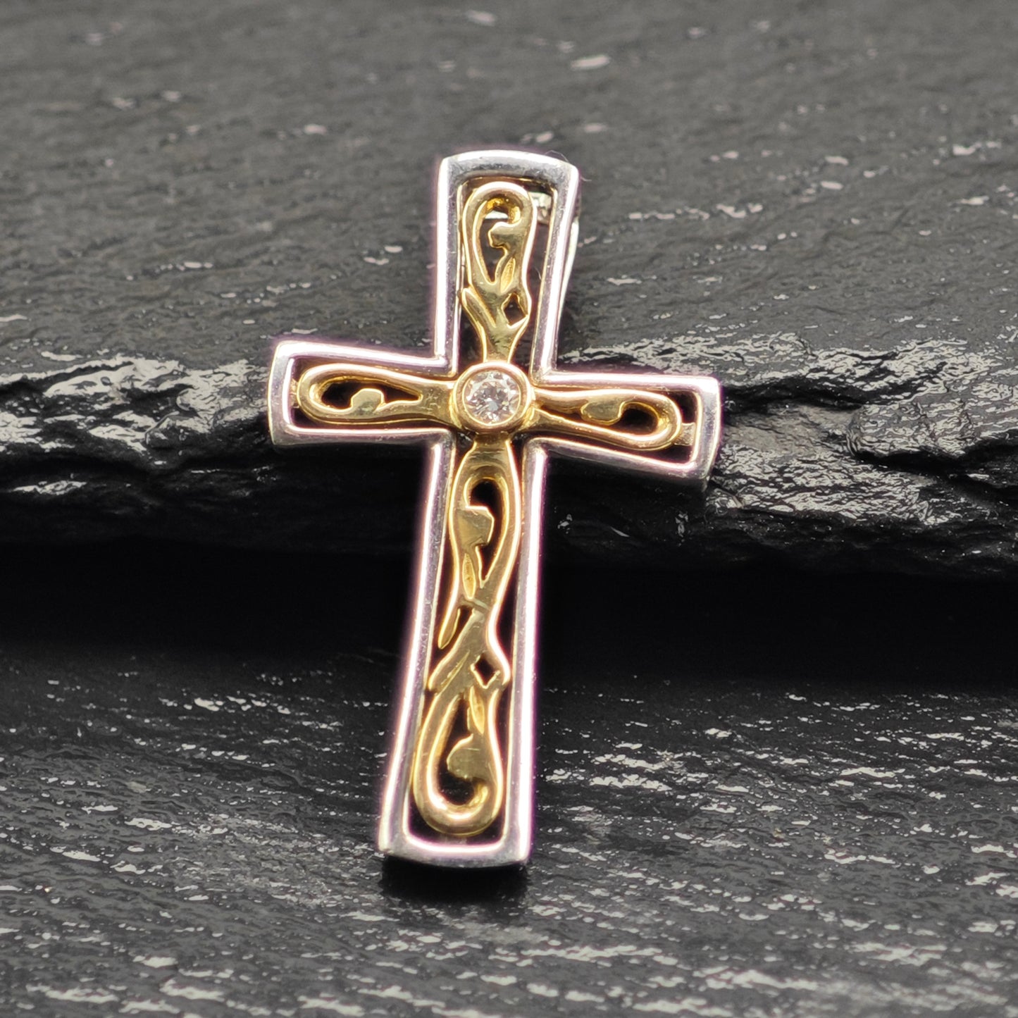 Diamond, 14k Gold Accent Cross Pendant Sterling Silver P2916