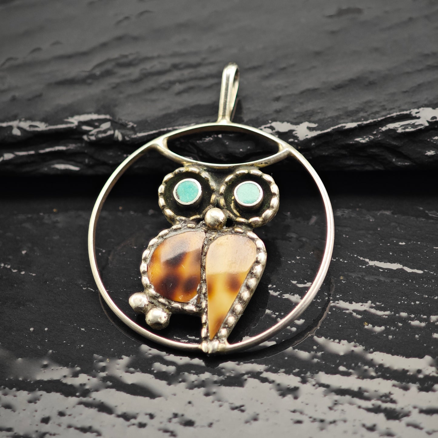 Zuni Turquiose Owl Pendant Sterling Silver P2922
