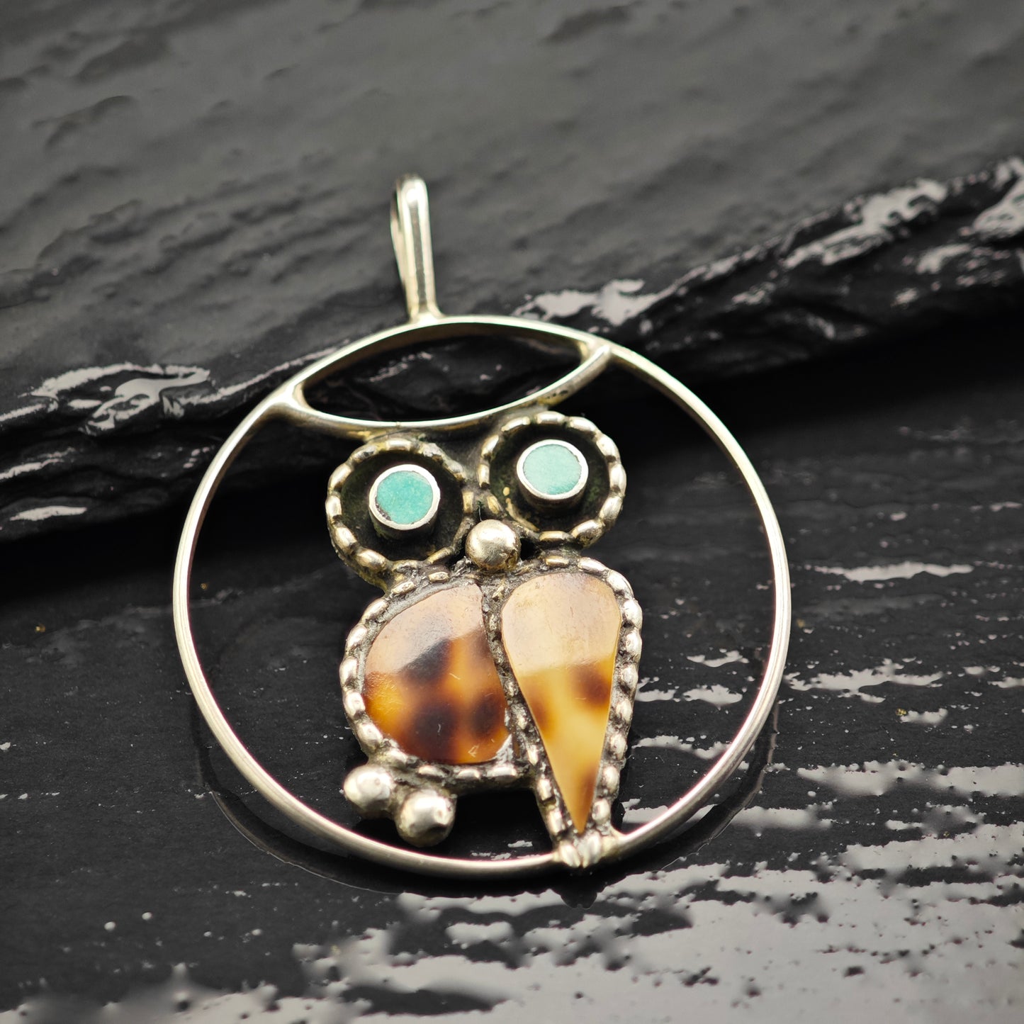 Zuni Turquiose Owl Pendant Sterling Silver P2922
