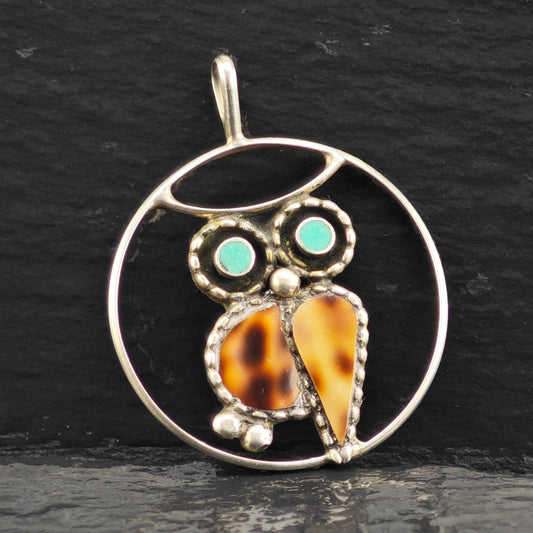 Zuni Turquiose Owl Pendant Sterling Silver P2922