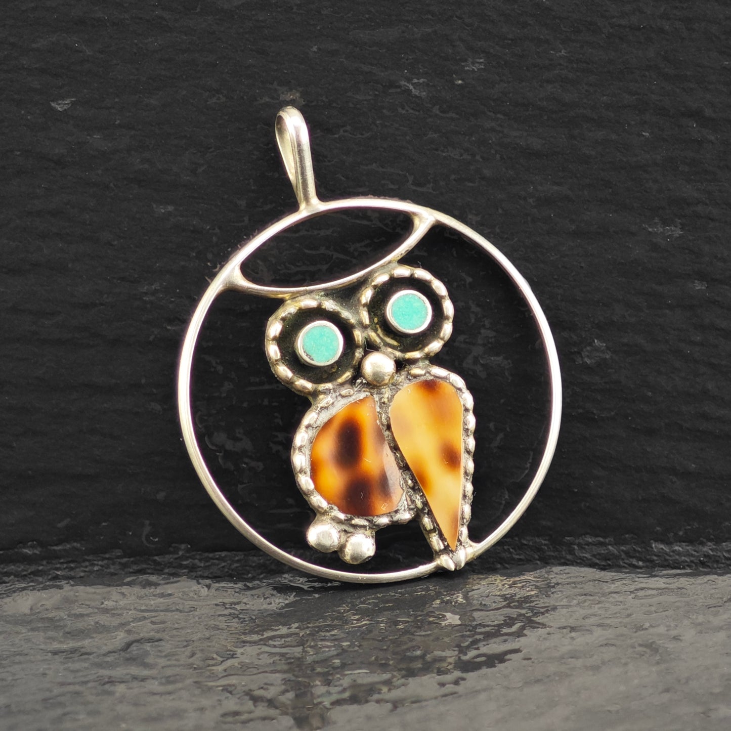 Zuni Turquiose Owl Pendant Sterling Silver P2922