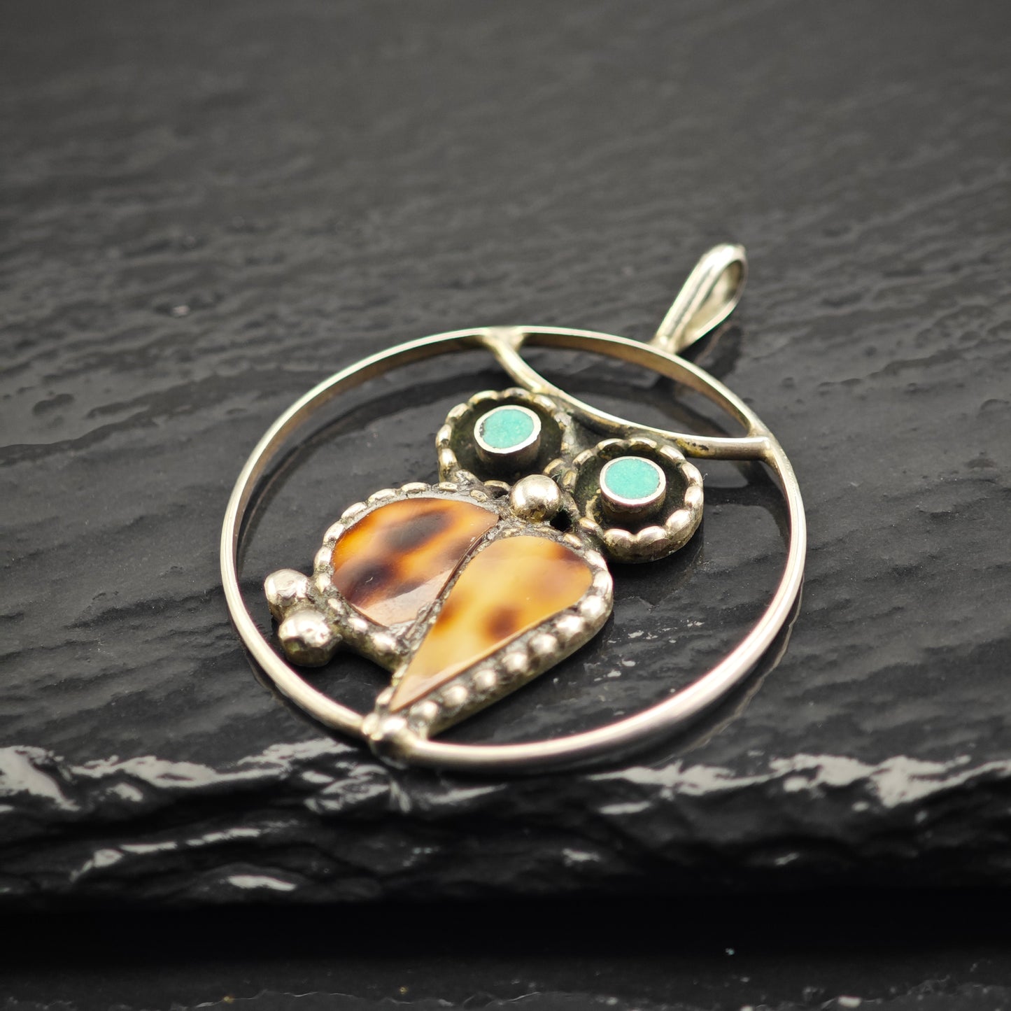 Zuni Turquiose Owl Pendant Sterling Silver P2922