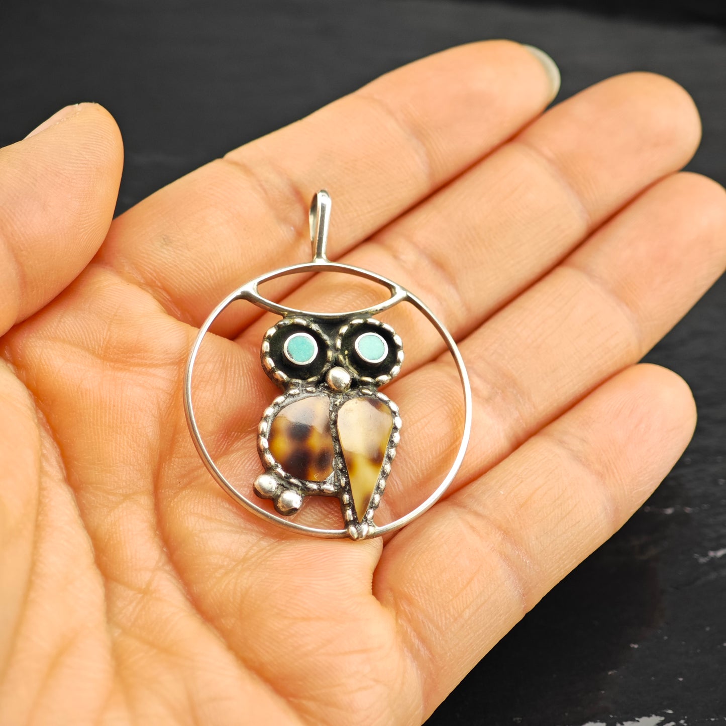 Zuni Turquiose Owl Pendant Sterling Silver P2922