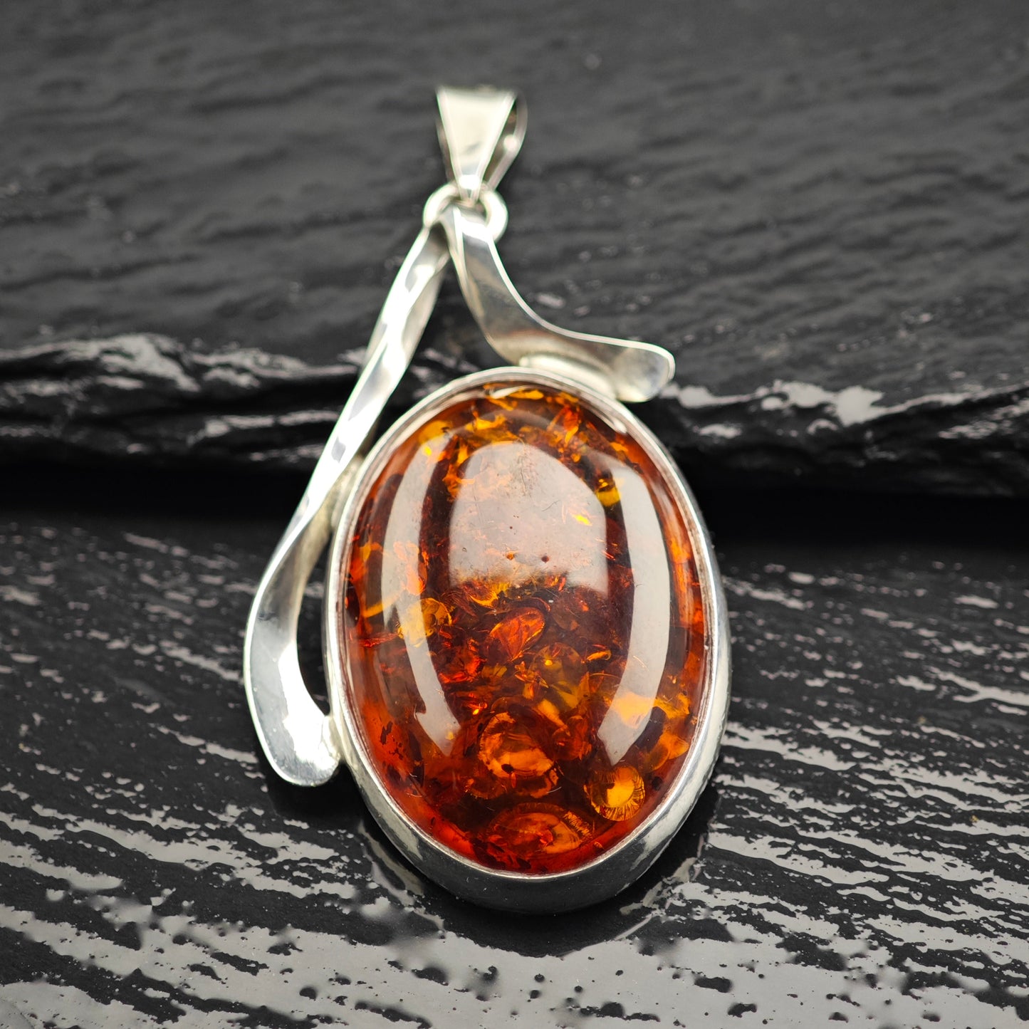 Natural Amber Oval Pendant Sterling Silver P2932